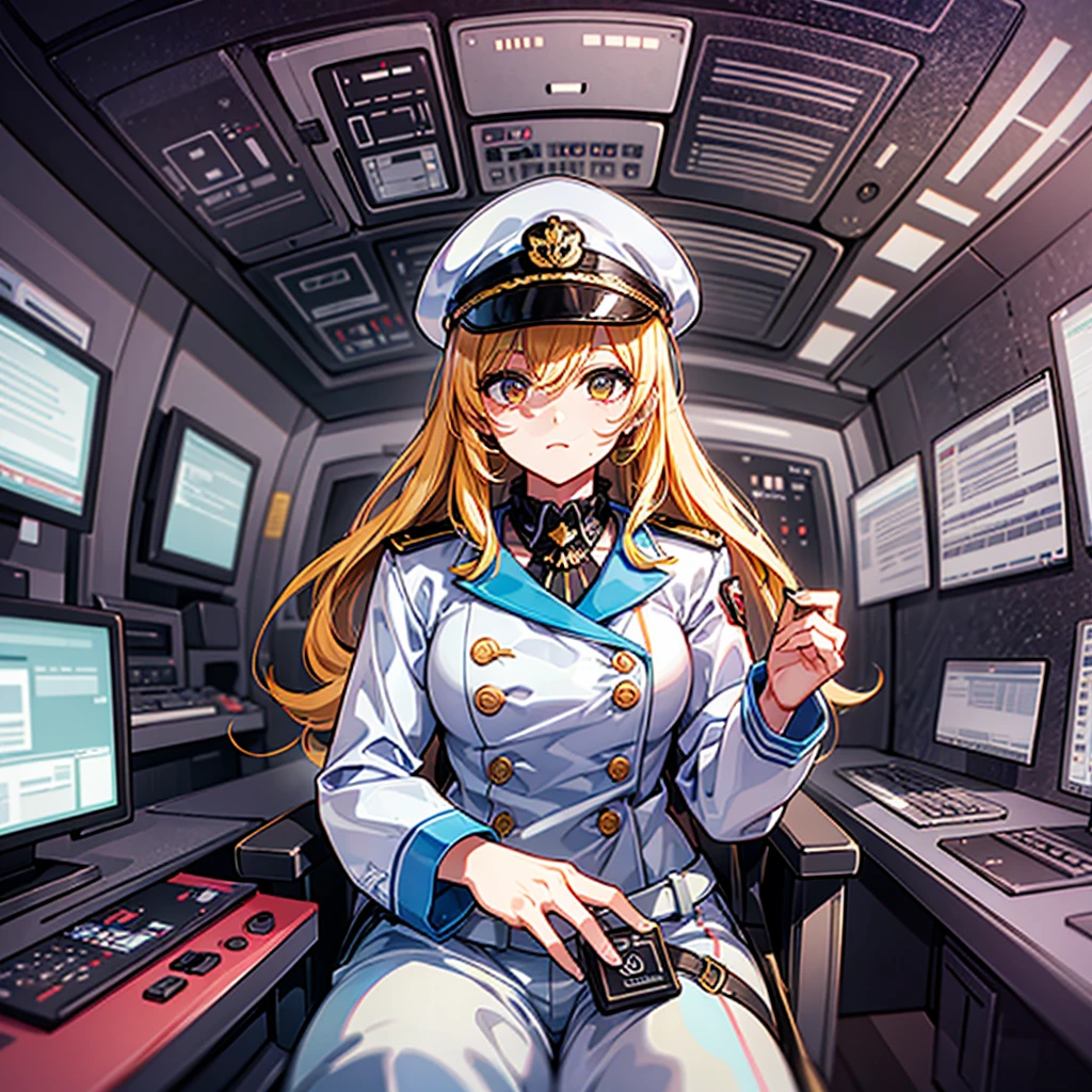 (((masterpiece、Highest image quality、highest quality、highly detailed unity 8kwallpaper)))、(Illustration of one woman、Beauty、30 years old、)、((blonde twintails、Light golden eyes))、(((tall、neutral、stocky build, thickset physique, muscular legs, broad shoulders, solid chest)))、(((manspreading、Sitting in the captain's seat)))、((Military uniforms、Military Cap、Military coat))、(white clothes、White pants、white hat)、trench coat、(((Inside a futuristic spaceship、Surrounded by instruments and monitors、The Universe on the Monitor、Earth seen from space)))