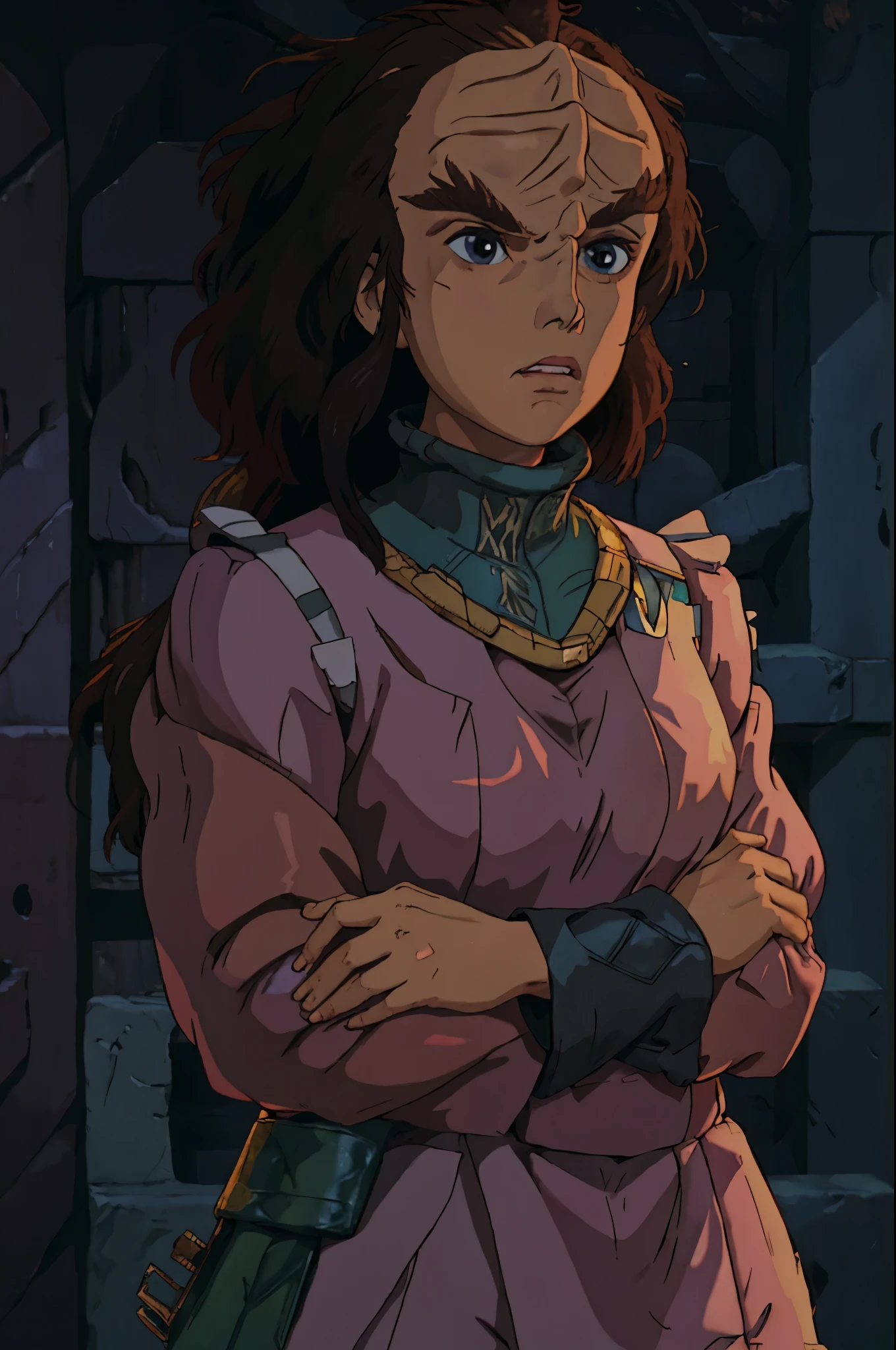 fullbody fullframe ghibli style best quality, adault female klingon
forehead ridge
thick eyebrows
dark skin on chroma keyable backdrop