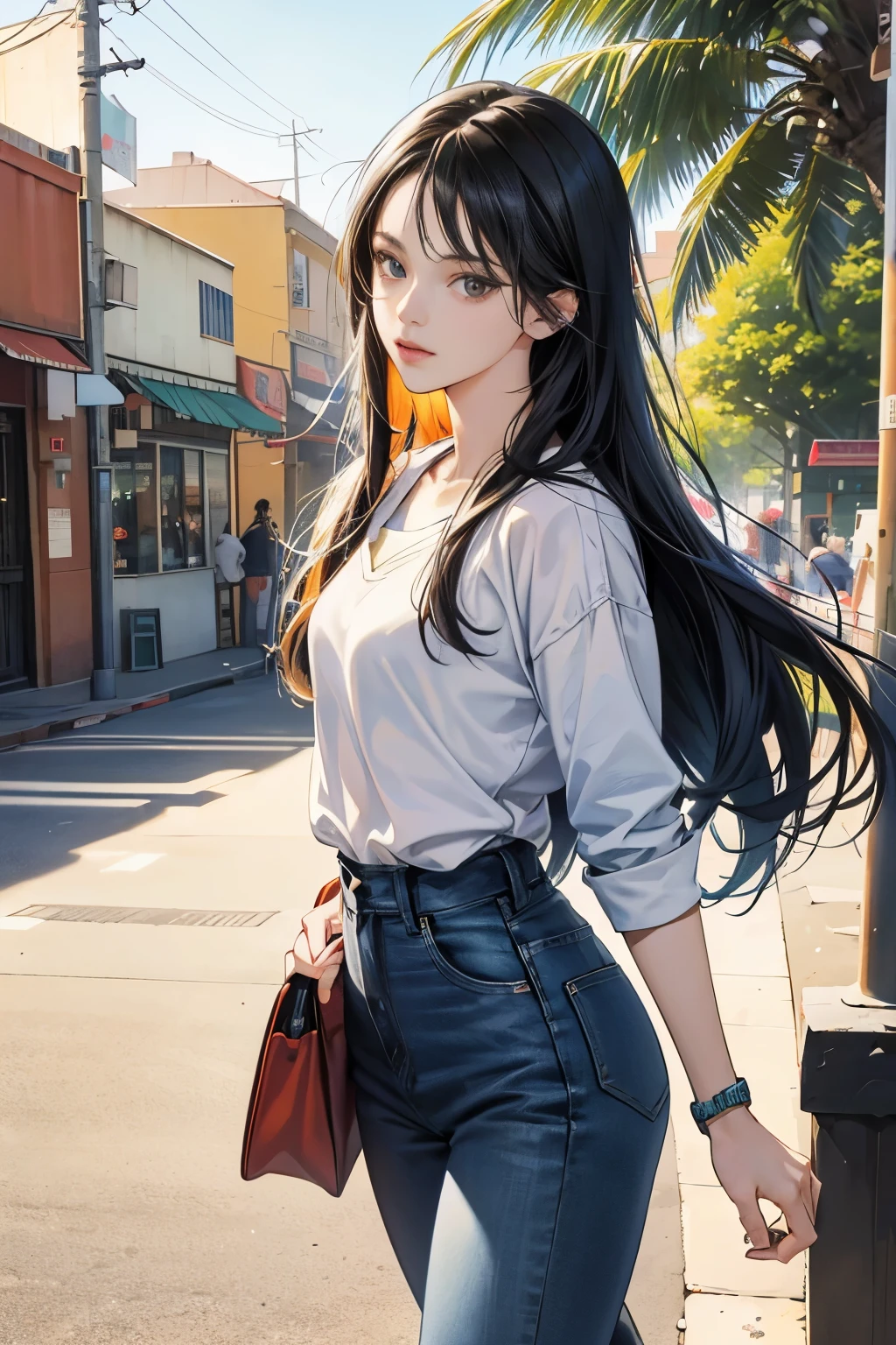very colorful, high sense, pop feel, Orange and indigo keynotes, summer image, coconut tree, beach, Anime woman with long black hair, Around 25 years old, wearing a jacket, blue jeans, perfect tall model body, cool beauty, it will happen, Anime drawing by Yang J, Trending at Art Station, realism, extremely detailed The germ of art, Realistic anime 3D style, anime style 4 k, up to the model | The germ of art, anime style. 8k, casual clothes, realistic anime art style, style The germ of art, sharp outline, highest quality, perfect angle, perfect composition, best shot, official art,CD jacket, 80s city pop, very stylish