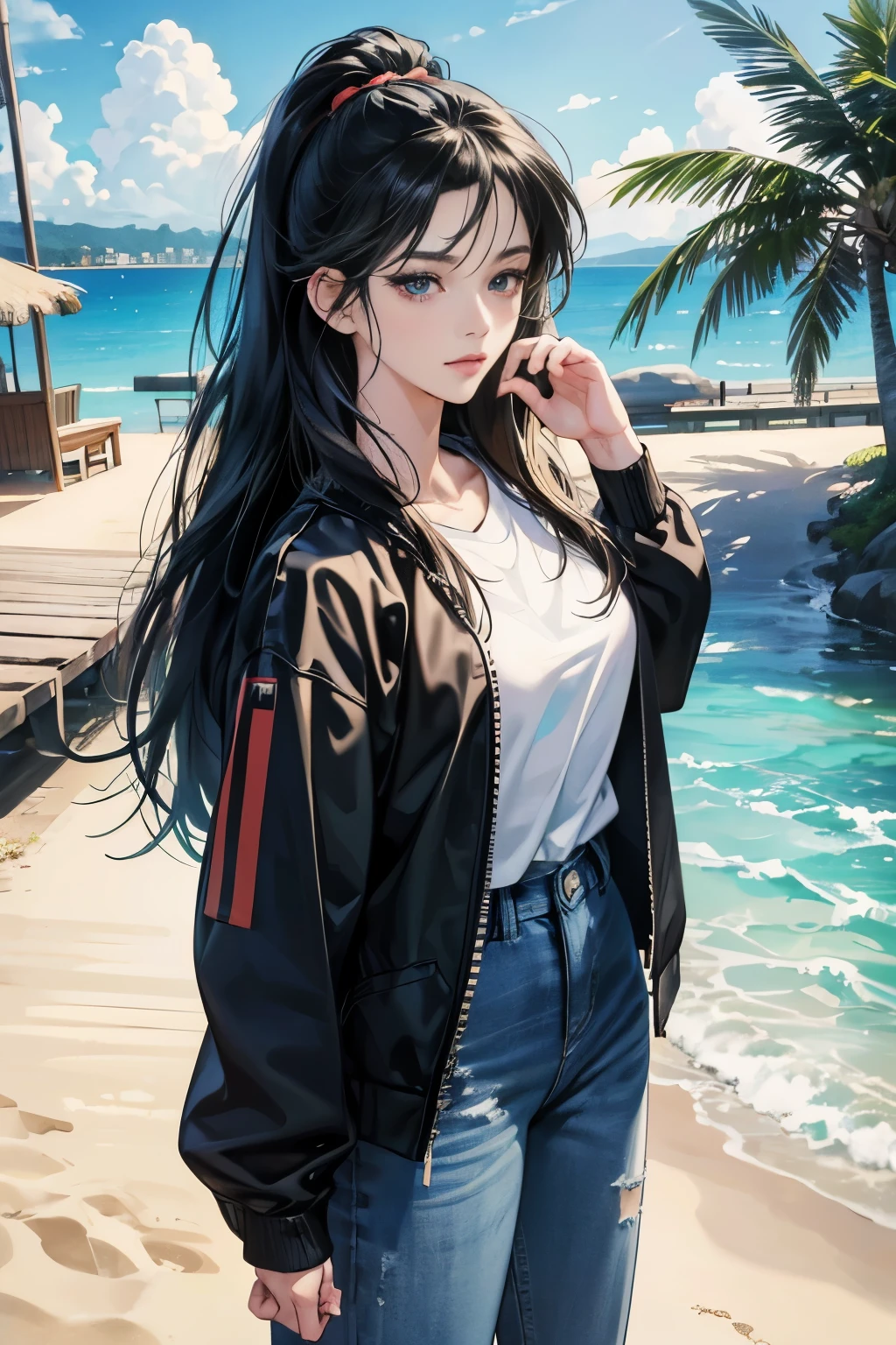 very colorful, high sense, pop feel, Orange and indigo keynotes, summer image, coconut tree, beach, Anime woman with long black hair, Around 25 years old, wearing a jacket, blue jeans, perfect tall model body, cool beauty, it will happen, Anime drawing by Yang J, Trending at Art Station, realism, extremely detailed The germ of art, Realistic anime 3D style, anime style 4 k, up to the model | The germ of art, anime style. 8k, casual clothes, realistic anime art style, style The germ of art, sharp outline, highest quality, perfect angle, perfect composition, best shot, official art，CD jacket, 80s city pop, very stylish