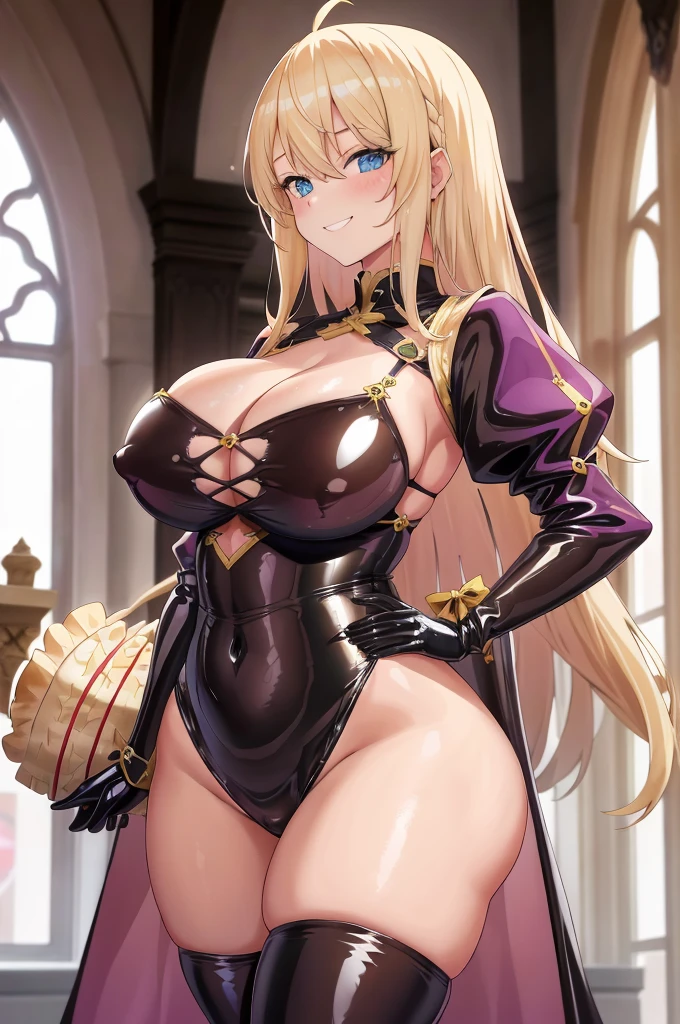 1fille, seulement, cheveux longs blonds, (nu:1.3), gros seins, clivage, Cuisses, Contexte du shopping, (rougissant:1.2), Souriant, anime, latex