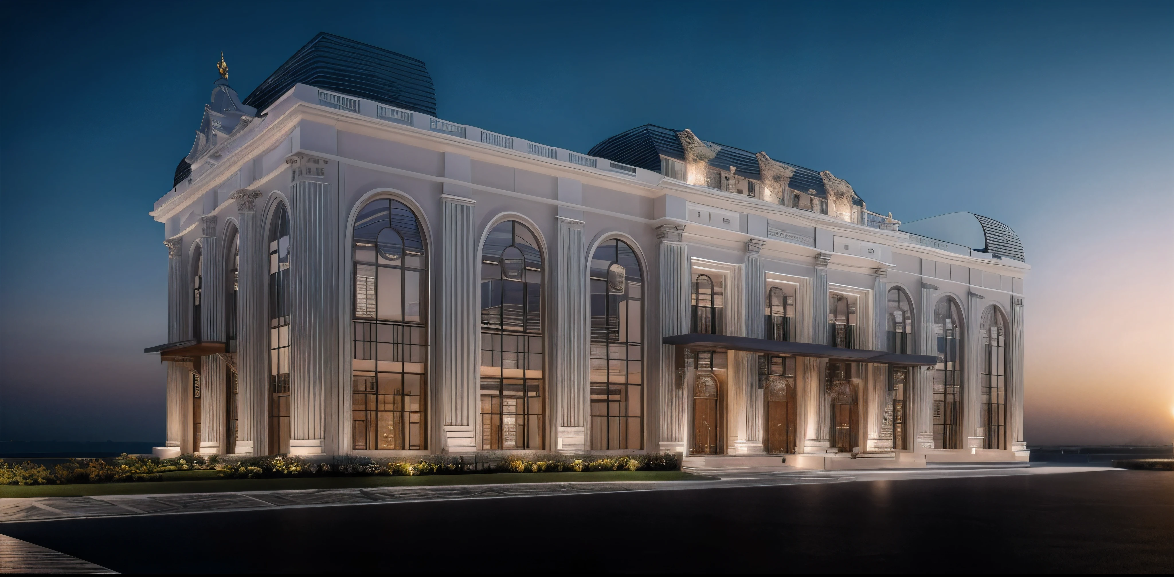 Exterior, house, luxury, modern style, reflective glass material, white wall paint, stone wall, wooden ceiling, in the city, crowded street, many cars, many people, many trees, Trees on the roof, sunrise, empty clouds, 8k, vray images
