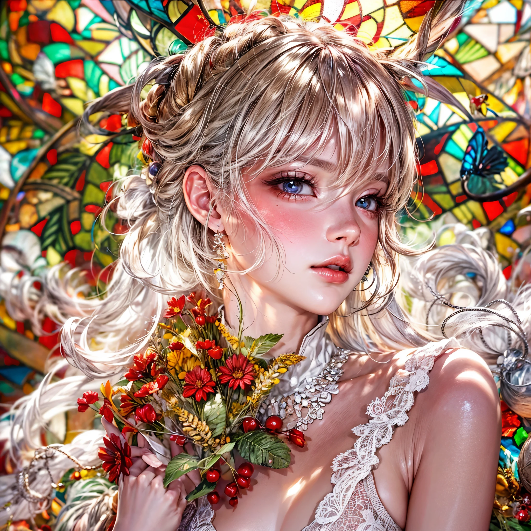 Sexy girl in ((WHITE)) and Delicate lace underwear, with Glossy RED lips, (Exposed:1.2), (nipple:-0.9), { closeup of Cute lips | Dynamic-angle }, ((Dazzling stained glass Background)), (( colorful Light shines through stunning elaborate stained glass:1.2)), vivid Red colors . ((Acutance:0.8, physically-based rendering)), (masterpiece:1.2), (ultra-detailed:1.35), (realistic, photorealistic, ((photo-realistic:1.37))with touch of rawness) . ((Renbutsu Misako)), (Extremely detailed KAWAII face variations, with Dynamic expressions), detailed eyes with sparkling highlights, captivating gaze, long eyelashes, subtle blush on the face, rosy cheeks, impeccable oiled ivory skin texture . { full of flowers covering girl's body | Mystic sight | haze | Light Particle | Lens Particle | Lens Flare | Dazzling angle's Halo | (Red leather) high collar | Overflowing sideboob } . ((( not Detailed fingers:-0.9))) .