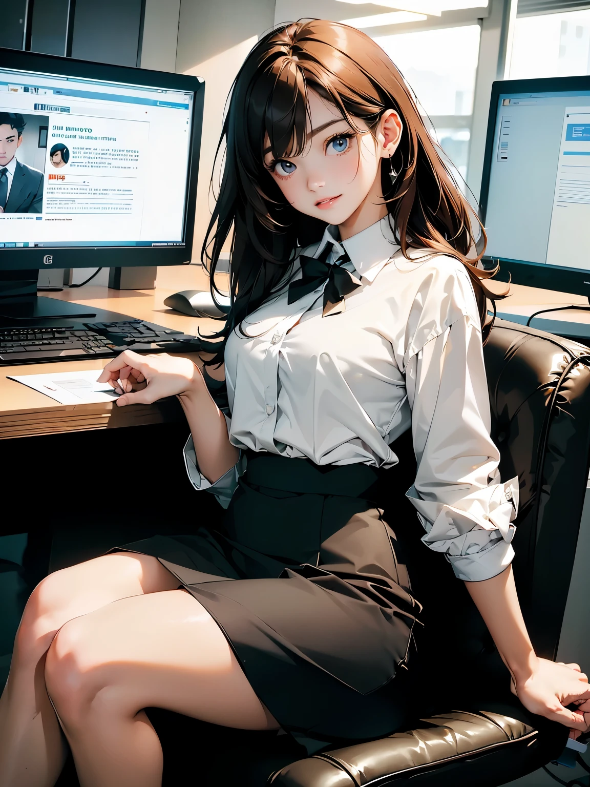 masterpiece、high resolution 8k、NSFW、sharp focus、contrast lighting、fine skin、muste piece、 highest quality、Ultra - High resolution、Super high resolution、Highly detailed CG、stock exchange、large office room、many large monitors、desk computer、trading、document、stock、chart screen、Horizontal focus male OL、woman is sitting on a chair、beautiful eyes、(Detailed face and iace:1 2)、narrow eyes、almond eye、Black pupil、eye gradation eye highlight:1.2)、(light reddish brown hair、middle、asymmetrical bangs)、(ID card、Blazer for office wear shortage、white cutter shirt、black pencil skirt、pumps)、(plump lips、gross、glossy lips、small breast size) 、(oval face : 1.4)、(thin fingers、fine arms、detailed human hand)、laughter half open、teeth visible