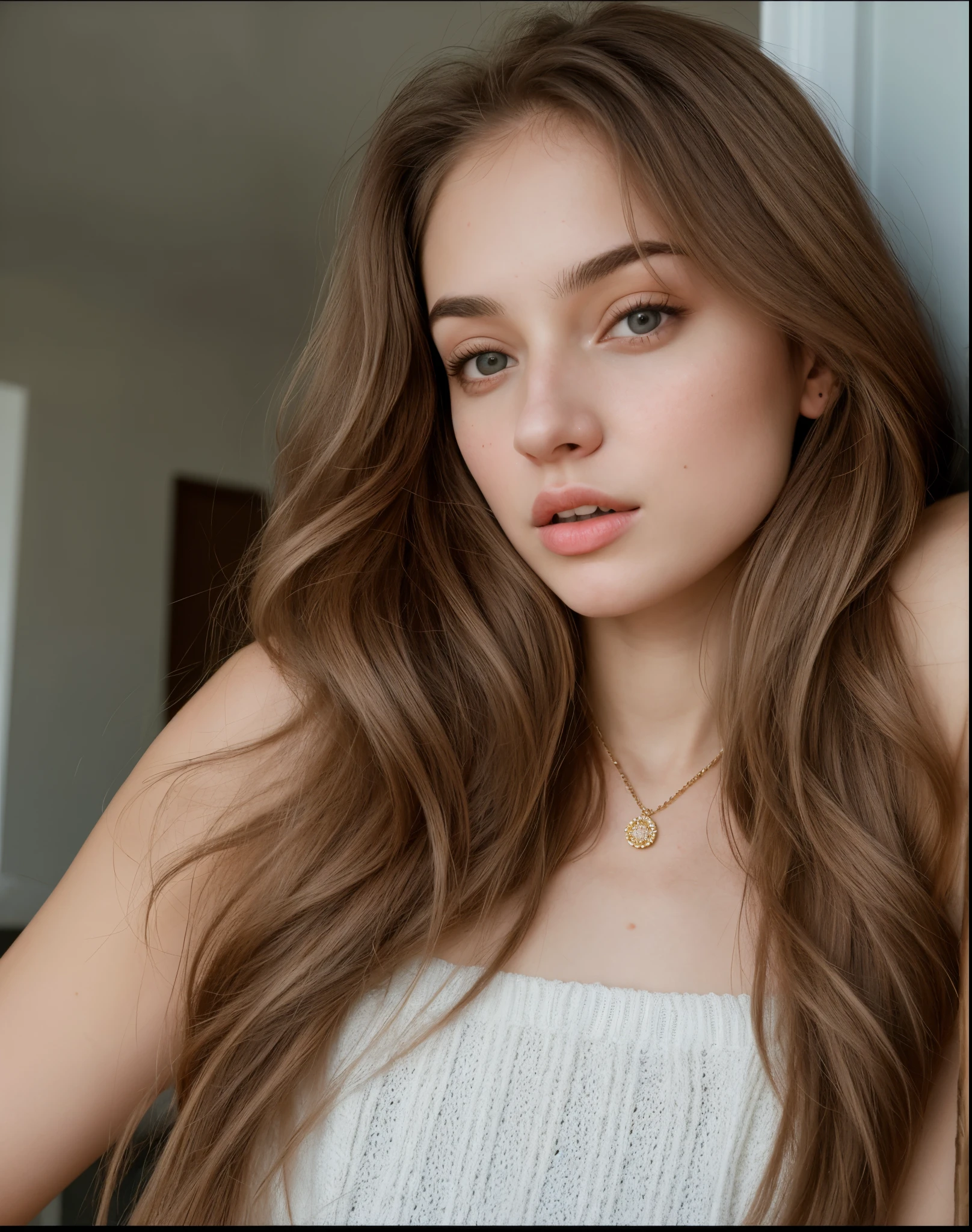 mulher arafada com longos cabelos castanhos e uma blusa cinza, Retrato de Sophie Mudd, cerveja madison, Angelina Stroganova, Anastasia Ovchinnikova, dasha taran, long flowing brown hair, menina com cabelo castanho, soft devil queen cerveja madison, Yulia Gorokhova, Anna Nikonova aka Newmilky, cerveja madison girl portrait, Julia Sardenha