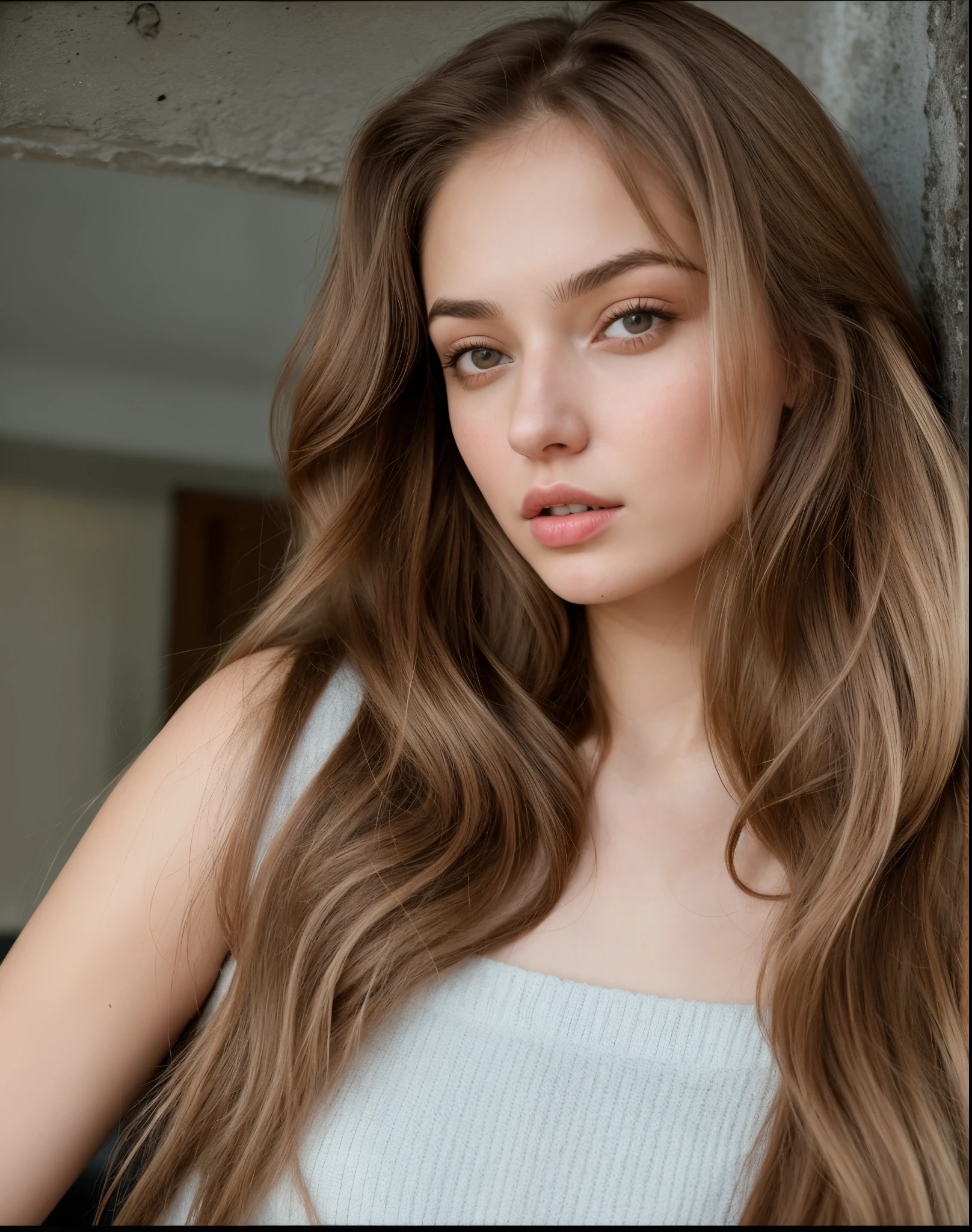 mulher arafada com longos cabelos castanhos e uma blusa cinza, Retrato de Sophie Mudd, cerveja madison, Angelina Stroganova, Anastasia Ovchinnikova, dasha taran, long flowing brown hair, menina com cabelo castanho, soft devil queen cerveja madison, Yulia Gorokhova, Anna Nikonova aka Newmilky, cerveja madison girl portrait, Julia Sardenha