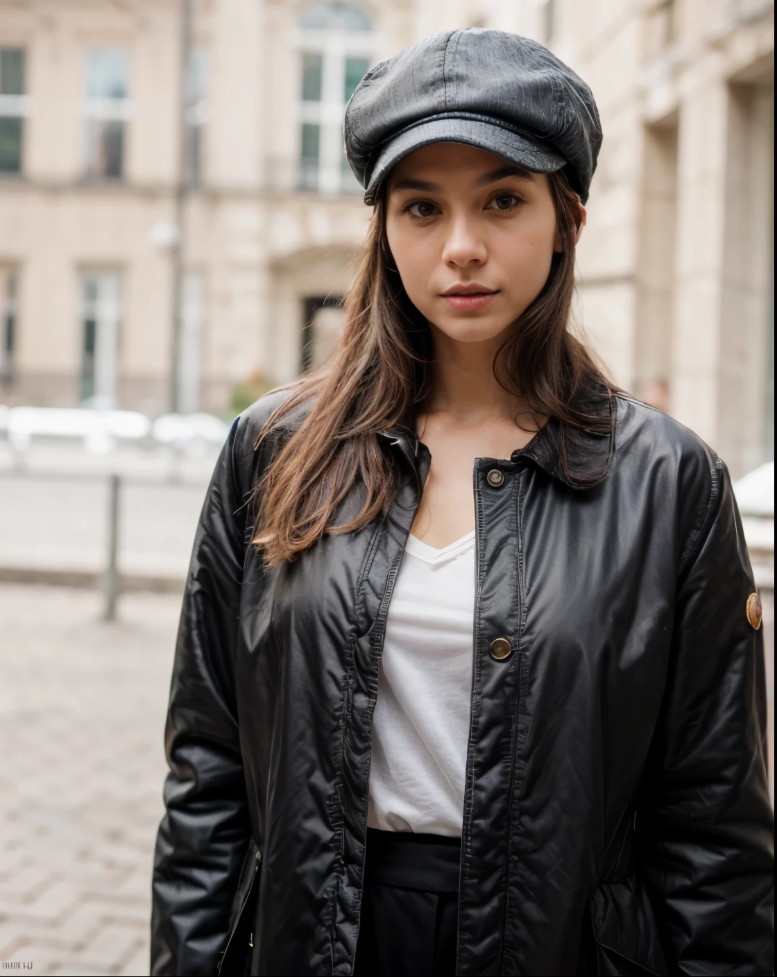 beautiful woman, 30 years old, dark browm hair laying to the side, outside in the city, wearing a coat, (((wearing kangol flatcap))), woolen faltcap, model shoot, long oval lovely face, beautiful tender pose, perfect face, sporty slim body, dark brown eyes, beautiful eyes, charming deep eyes, eye contact, UHD, masterpiece,best quality, high-res, masterpiece, best quality, intricate details, highly detailed, sharp focus, detailed skin, realistic skin texture, texture, detailed eyes, professional, 4k, 85mm, shallow depth of field, kodak color vision, perfect fit body, extremely detailed, photo_\(ultra\), photorealistic, realistic, post-processing, maximum detail, roughness, real life, ultra realistic, photorealism, photography, 8k uhd, photography (grain of film) medium shot for closeup shot