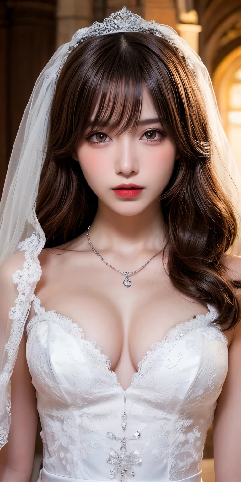 masterpiece,1girl,(mature female:0.5),tall body,golden proportions,(Kpop idol),(shiny skin:1.2),(oil skin:1.1),makeup,(close up),(church background),depth of field,(closed mouth:0.5),((long wavy brown hair)),(puffy eyes),(eyelashes:1.1),(parted lips:1.1),red lipstick,fantasy art style,dreamy light,(lace wedding dress:1.2),full body,(dreamy veil:1.1),(dusk:1.2),princess shoes,(diamond necklace),(crystal hairpin),tyndall effect,highres