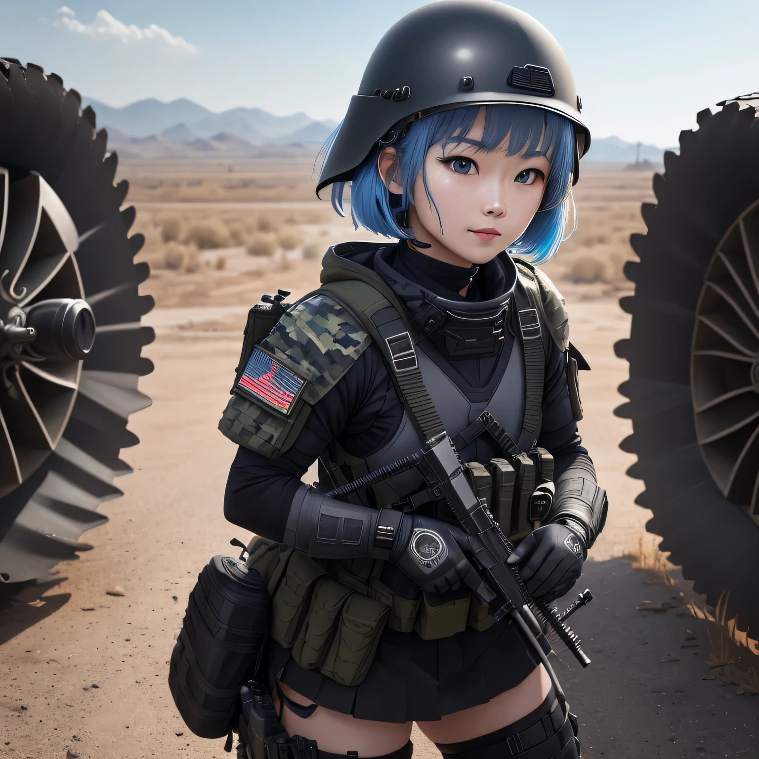 (8k, HDR, RAW photo, best quality, masterpiece:1.2, realistic lighting), overhead view, dynamic angle, Korean girl holding a knife, military, battlefield, combat pose, solo, (thin face), realistic beautiful face, very detailed face, smile, (bob cuts hair), ((sky blue hair)), path traced hair, ((sky blue eyes)), beauty eyes, (flat chest), (small breast), (tactical black helmet), black camo uniform, black shoulder pads, black tactical vest, black armor pads, tactical socks, black skirt, (Battlefield:1.3), look up, upper body