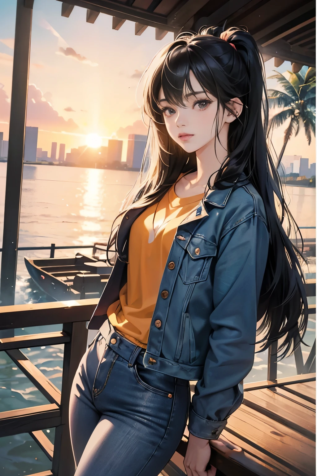 very colorful, pop feel, Orange and indigo keynotes, summer image, coconut tree, dusk, beach, Anime woman with long black hair, Around 25 years old, wearing a jacket, blue jeans, perfect tall model body, cool beauty, it will happen, Anime drawing by Yang J, Trending at Art Station, realism, extremely detailed The germ of art, Realistic anime 3D style, anime style 4 k, up to the model | The germ of art, anime style. 8k, casual clothes, realistic anime art style, style The germ of art, sharp outline, highest quality, perfect angle, perfect composition, best shot, official art,CD jacket, 80s city pop, very stylish