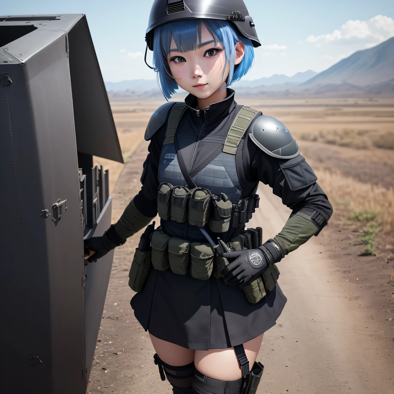 (8k, HDR, RAW photo, best quality, masterpiece:1.2, realistic lighting), overhead view, dynamic angle, Korean girl holding a knife, military, battlefield, combat pose, solo, (thin face), realistic beautiful face, very detailed face, smile, (bob cuts hair), ((sky blue hair)), path traced hair, ((sky blue eyes)), beauty eyes, (flat chest), (small breast), (tactical black helmet), black camo uniform, black shoulder pads, black tactical vest, black armor pads, tactical socks, black skirt, (Battlefield:1.3), look up, upper body