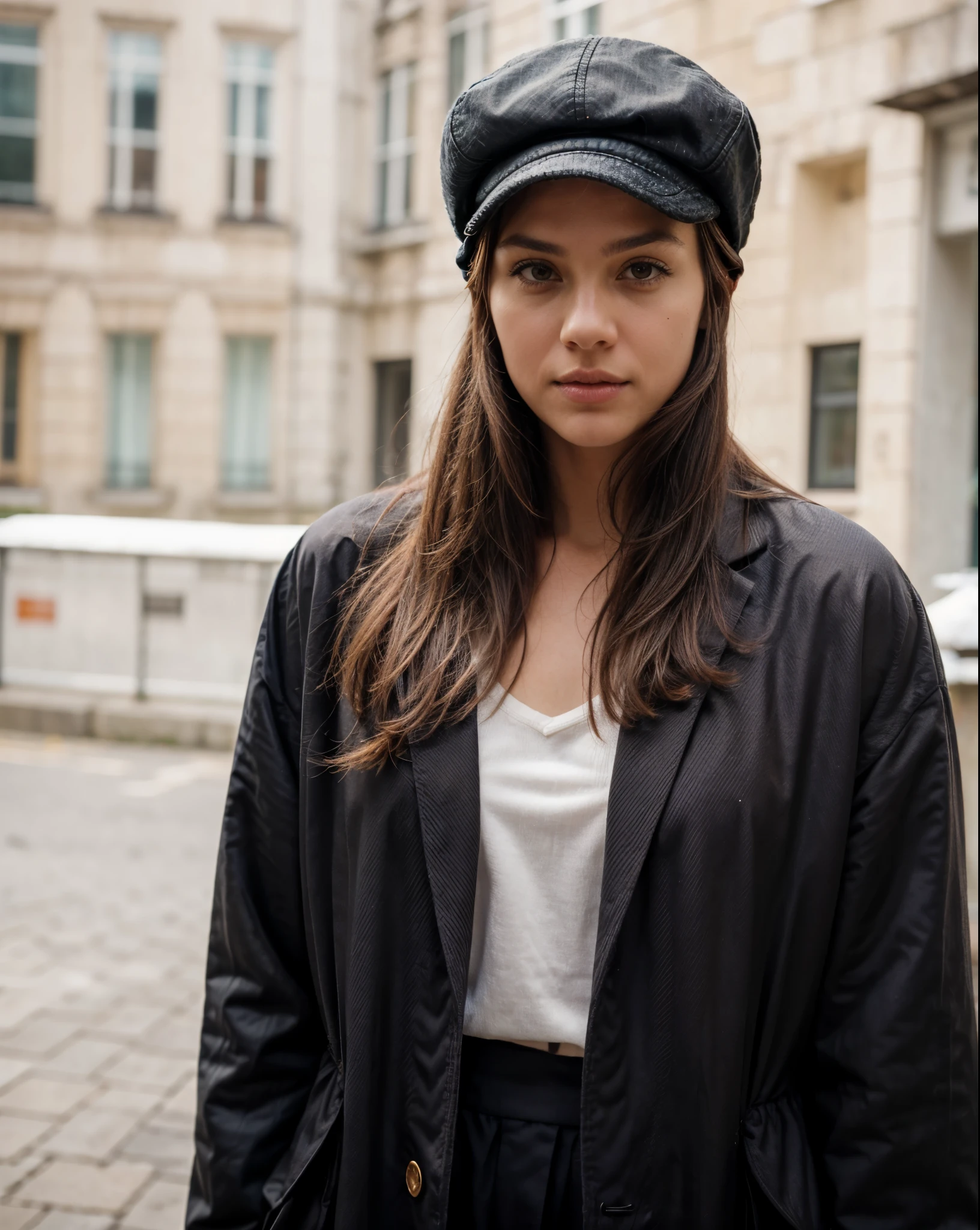beautiful woman, 30 years old, dark browm hair laying to the side, outside in the city, wearing a coat, (((wearing kangol flatcap))), woolen flatcap, Harris tweed flatcap, relaxed eyes, model shoot, long oval lovely face, beautiful tender pose, perfect face, sporty slim body, dark brown eyes, beautiful eyes, charming deep eyes, eye contact, UHD, masterpiece,best quality, high-res, masterpiece, best quality, intricate details, highly detailed, sharp focus, detailed skin, realistic skin texture, texture, detailed eyes, professional, 4k, 85mm, shallow depth of field, kodak color vision, perfect fit body, extremely detailed, photo_\(ultra\), photorealistic, realistic, post-processing, maximum detail, roughness, real life, ultra realistic, photorealism, photography, 8k uhd, photography (grain of film) medium shot for closeup shot