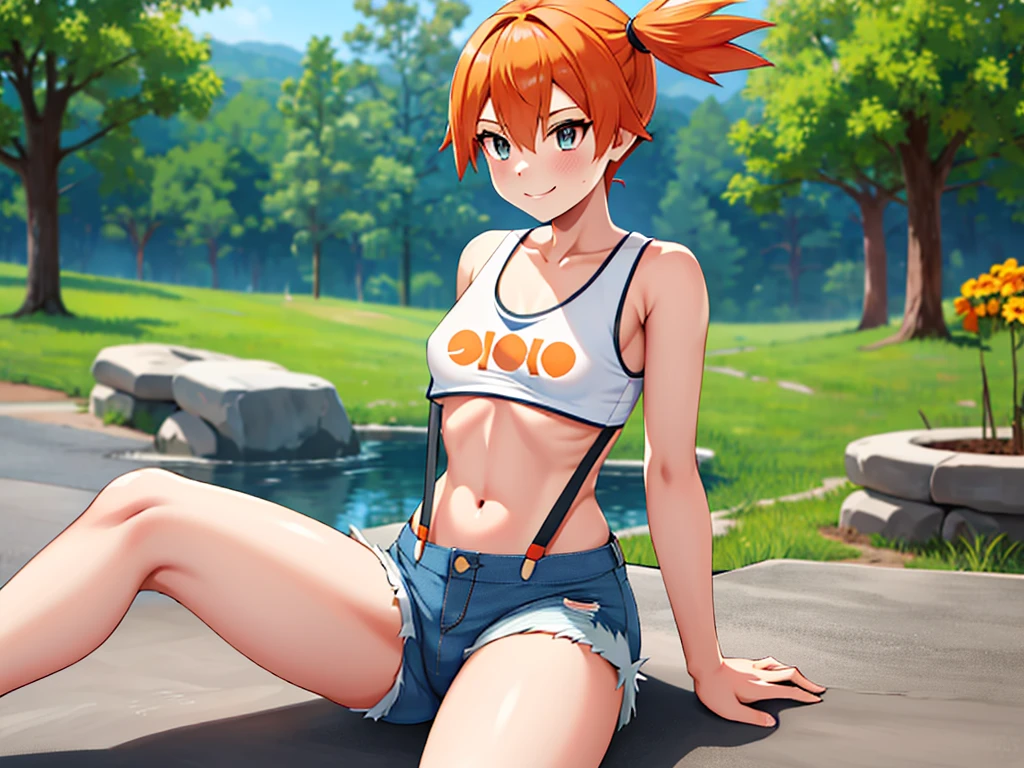 masterpiece, best quality, highres, 1boy, misty (pokémon), orange hair, solo, shorts, suspenders, side ponytail, orange hair, midriff, yellow loose crop top, navel, short hair, denim, denim shorts, smile, cowboy shot, outdoors, (((Under Boob))), small breasts, externally expanded Chest, laying on the ground, spreaded legs,