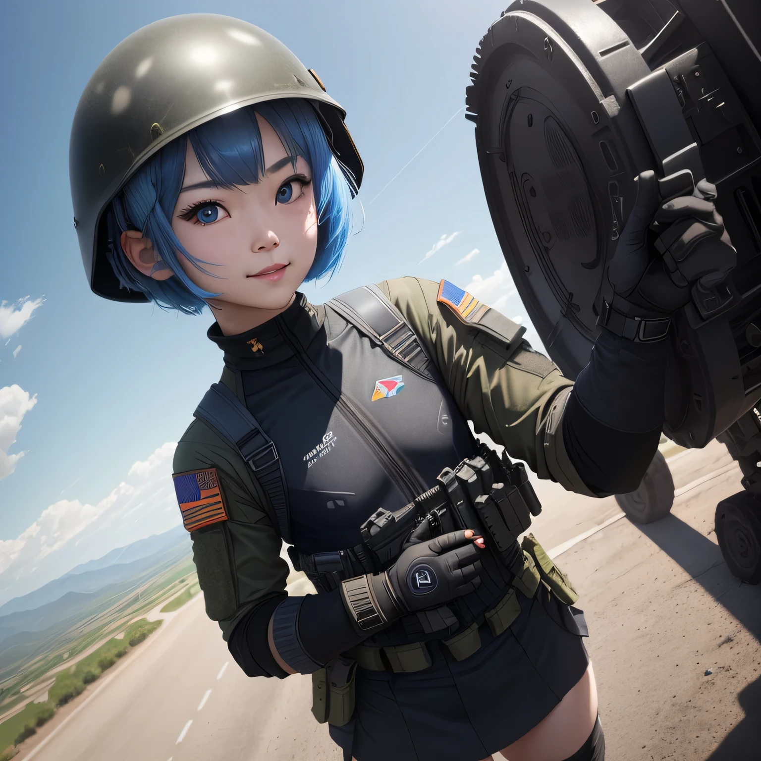 (8k, HDR, RAW photo, best quality, masterpiece:1.2, realistic lighting), overhead view, dynamic angle, a scene of battlefield, Korean girl holding knife, military, combat pose, solo, (thin face), realistic beautiful face, very detailed face, smile, (bob cuts hair), ((sky blue hair)), path traced hair, ((sky blue eyes)), beauty eyes, (flat chest), (small breast), (tactical black helmet), black camo uniform, black shoulder pads, black tactical vest, black armor pads, tactical socks, black skirt, (Battlefield:1.3), look up, upper body