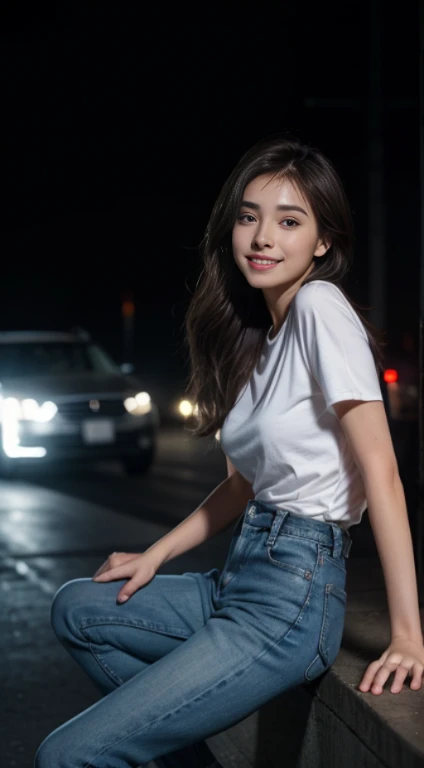 10, Masterpiece, RAW image, best quality, photorealistic, extremely detailed cg unity 8k wallpaper, depth of field, movie theater light, lens flare, Ray tracing, (very beautiful face..... , beautiful lips, beautiful eyes), complex facial details, ((ultra-detailed skin)) 1 girl, in the dark, deep shadow, beautiful girl, (The body is very slender. :1.3), ((looking at the audience)),(Big smile:1.3), Clear eyes, front shot, (pale skin), (Look very far ahead. , (upper body shot), (Brown cooked for the audience.......:1.3), Very thin, Medium bust, thick thighs, Sphincter stockings, city scenery,(Random clothes: t-shirt,jeans, Short legs, Long legs), (Random environment,road,Car,nighttime,), (environment,USA)