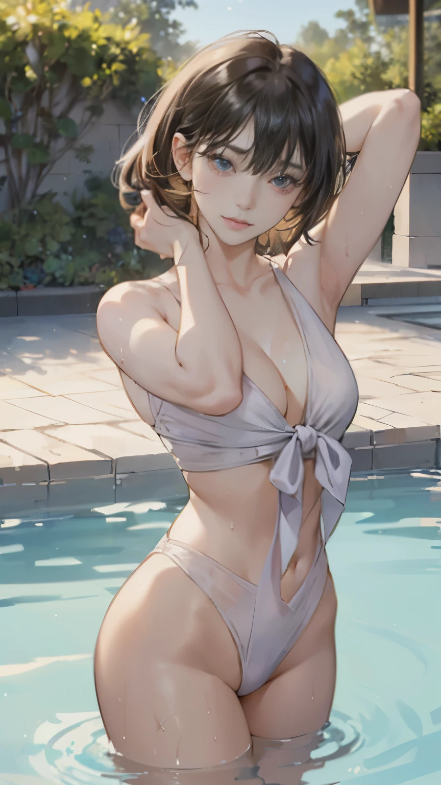(8K、Live shooting、highest quality、Masseter muscle part:1.2)、super detailed、super resolution、(realistic、real pictures:1.37)、Portrait、High-definition RAW color photo、professional photography、hvery detailed and beautiful、very detailed、8K wallpaper、amazing details、huge file size、official art、Hvery detailed CG Unity 8K wallpapers、hvery detailed beautiful girl、very detailedな顔、very detailedな目、very detailedな肌、very detailedな指、hvery detailed nose、very detailedな詳細な口、perfect anatomy、detailed background、Detailed service、((1people々Girls and strong guys1people))、(20:1.2)、20th generation、pretty girl、realistic body、petite、white skin、glowing skin、Because I'm slender、black haired、((straight and short hair))、((shaggy hair))、(messy bangs: 1.4)、cute face、real-looking face、delicate eyes、Drooping eyes、((by the pool))、((A man and a woman soaking in the pool up to their waists))、(((womanの胸が露出している)))、((full nude))、((she has her arms crossed behind her head.))、((woman'hands are delicate and beautiful))、((standing posture))、((sexy bose))、Ear Nipple Ring、necklace、cowboy shot、((Landscape))、contrapo、dynamic lighting、((E cup with firmness))、((big breasts))、((cleavage))、((small and beautiful pink areola,,,,,))、((expressions that endure pain))、