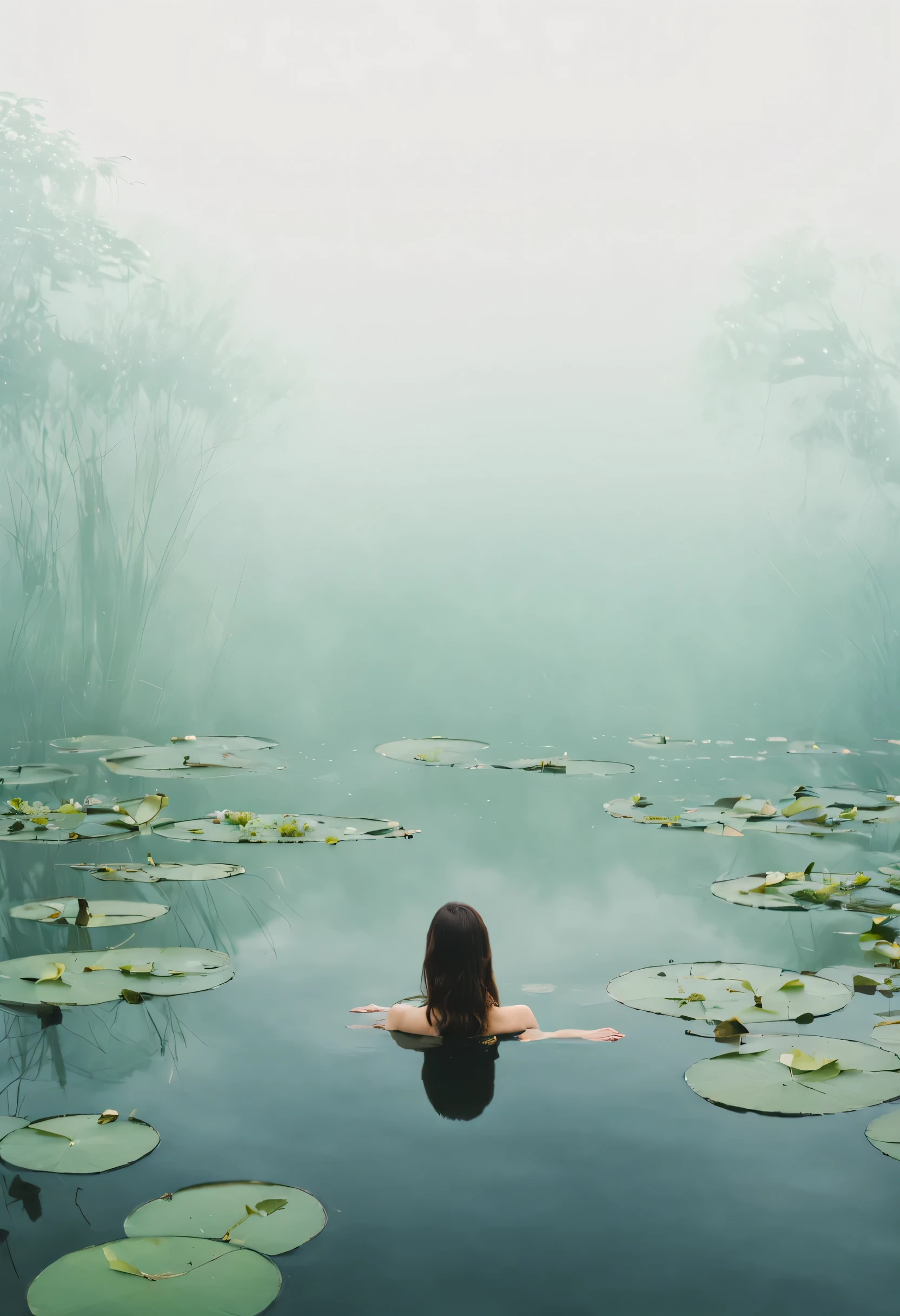serene pond with lily pads, full length portrait of a woman emerged in the pond with half body under water, cinematic, wide angle shot, pastel color, minimalistic, mysterious , fog