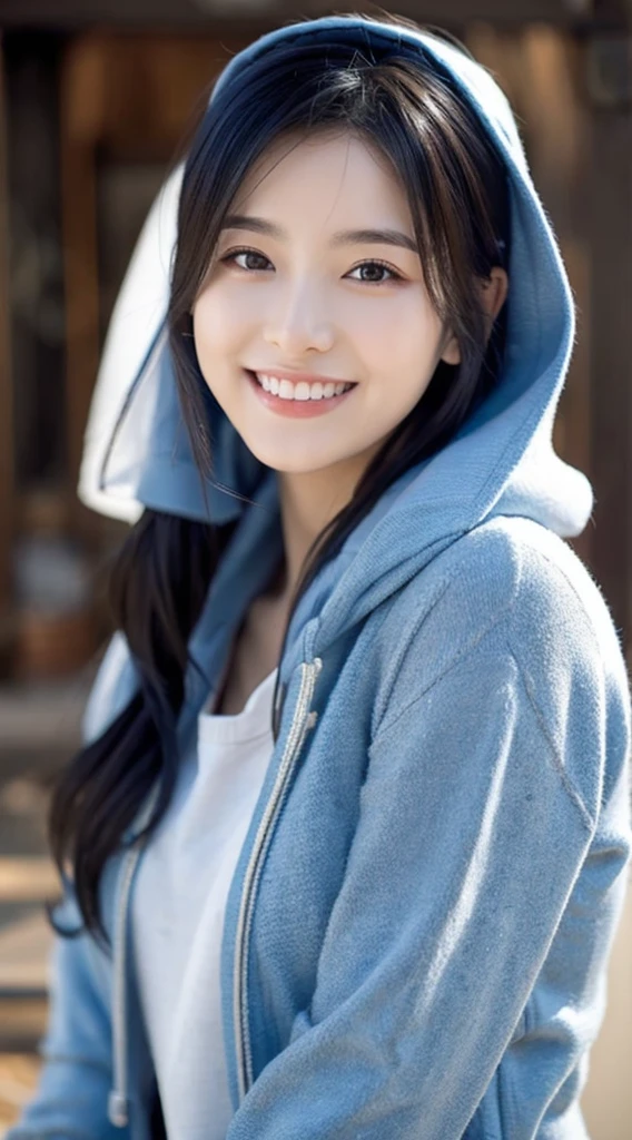 8k, highest quality, masterpiece, realistic, Super detailed, photo realistic, hyper realistic, smoother lighting, Improve the quality of cinematic lighting, realistic lighting, Backlight, bright light, improve quality, highest quality real texture skin, close, thin, cute顔, smile, beautiful detail eyes, 19 years old Korean, cute, electric blue color drill hair, hood,