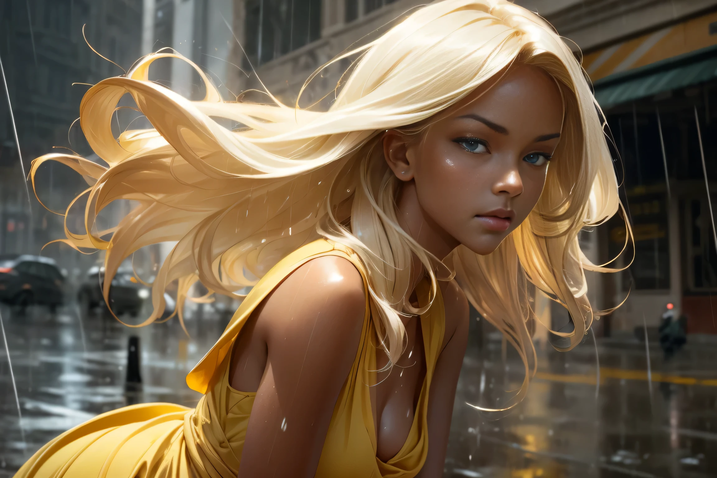 Portrait photo of a woman, sand skin color, perfect eyes, tight yellow dress, long blonde hair, sharp focus, photo by greg rutkowski, soft lighting, vibrant colors, masterpiece, ((streets)), ((rain)), cowboy shot, dynamic pose, soaked