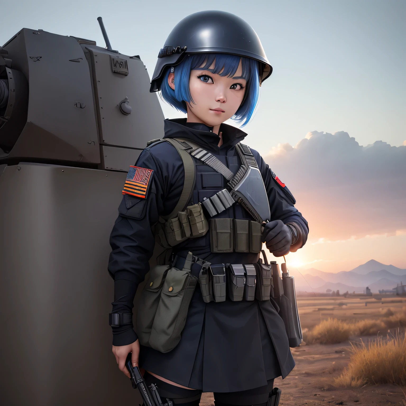 (8k, HDR, RAW photo, best quality, masterpiece:1.2, cinematic lighting), cinematic view, cinematic angle, a scene of battlefield, Korean girl holding knife, military, combat pose, solo, (thin face), realistic beautiful face, very detailed face, smile, (bob cuts hair), ((sky blue hair)), path traced hair, ((sky blue eyes)), beauty eyes, (flat chest), (small breast), (tactical black helmet), black camo uniform, black shoulder pads, black tactical vest, black armor pads, tactical socks, black skirt, (Battlefield:1.3), look up, upper body