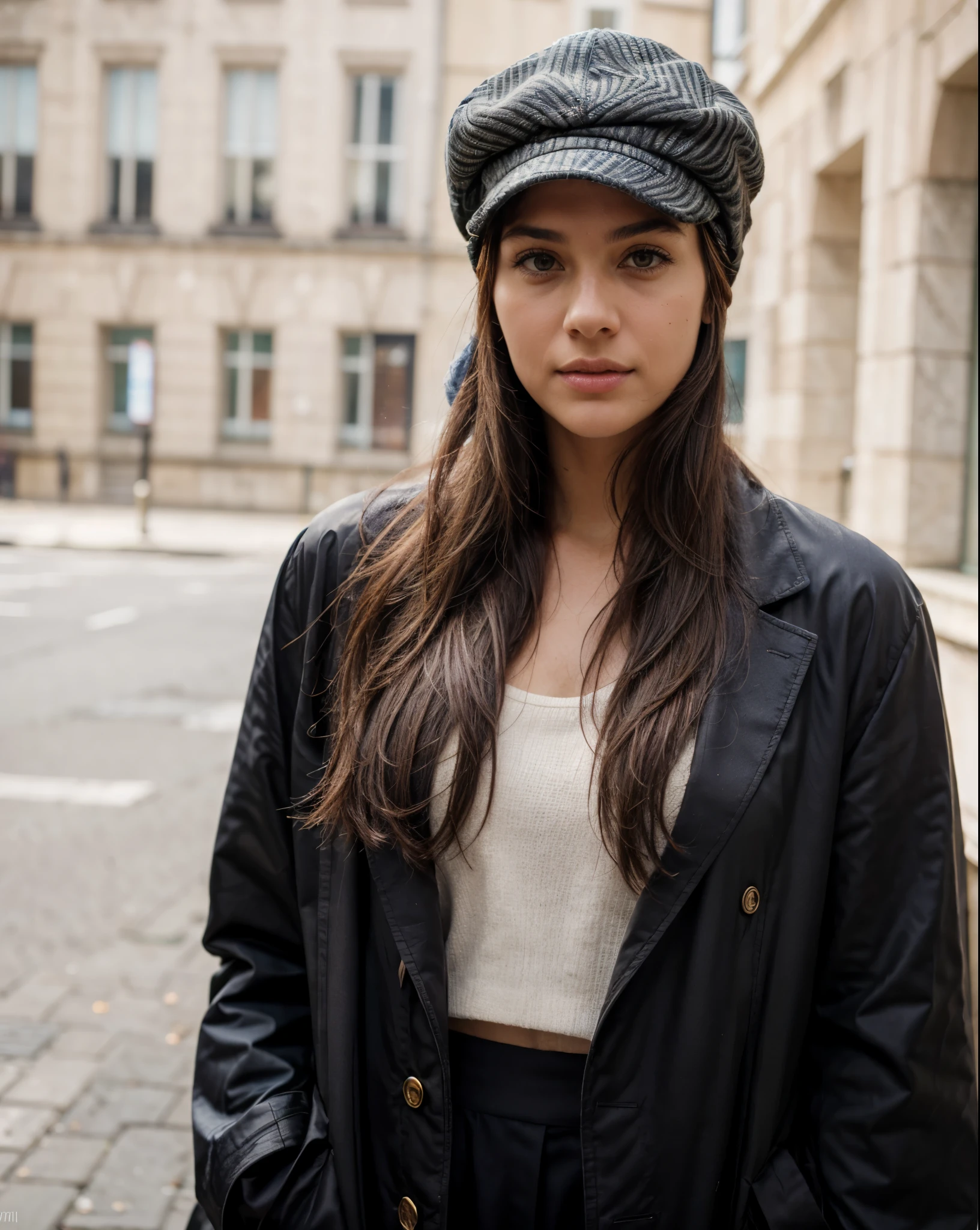 beautiful woman, 30 years old, dark browm hair laying to the side, outside in the city, wearing a coat, middle size breast, (((wearing kangol flatcap))):4.0, woolen flatcap, herringbone pattern, (Harris tweed flatcap):3, stylish flatcap, relaxed eyes, model shoot, long oval lovely face, beautiful tender pose, perfect face, sporty slim body, dark brown eyes, beautiful eyes, charming deep eyes, eye contact, UHD, masterpiece,best quality, high-res, masterpiece, best quality, intricate details, highly detailed, sharp focus, detailed skin, realistic skin texture, texture, detailed eyes, professional, 4k, 85mm, shallow depth of field, kodak color vision, perfect fit body, extremely detailed, photo_\(ultra\), photorealistic, realistic, post-processing, maximum detail, roughness, real life, ultra realistic, photorealism, photography, 8k uhd, photography (grain of film) medium shot for closeup shot