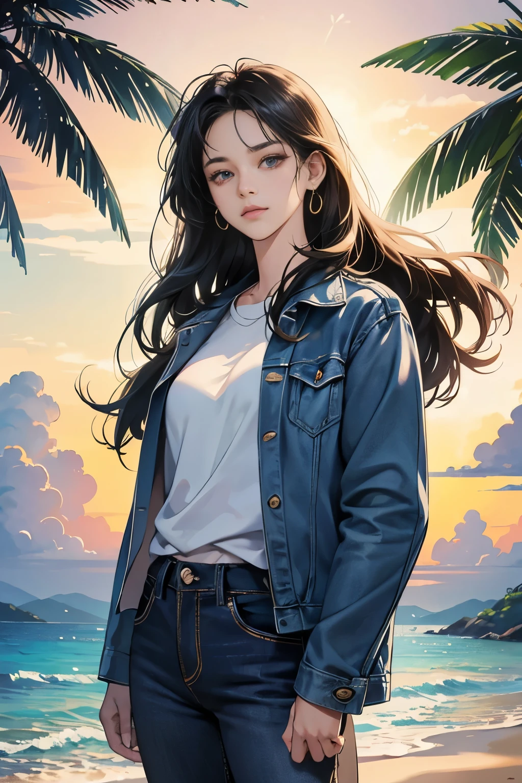 very colorful, pop feel, Outstanding color sense, Excellent sense, Orange and indigo keynotes, summer image, coconut tree, dusk, beach, Anime woman with long black hair, Around 25 years old, wearing a jacket, blue jeans, perfect tall model body, cool beauty, it will happen, Anime drawing by Yang J, Trending at Art Station, realism, extremely detailed The germ of art, Realistic anime 3D style, anime style 4 k, up to the model | The germ of art, anime style. 8k, casual clothes, realistic anime art style, style The germ of art, sharp outline, highest quality, perfect angle, perfect composition, best shot, official art,CD jacket, 80s city pop, very stylish