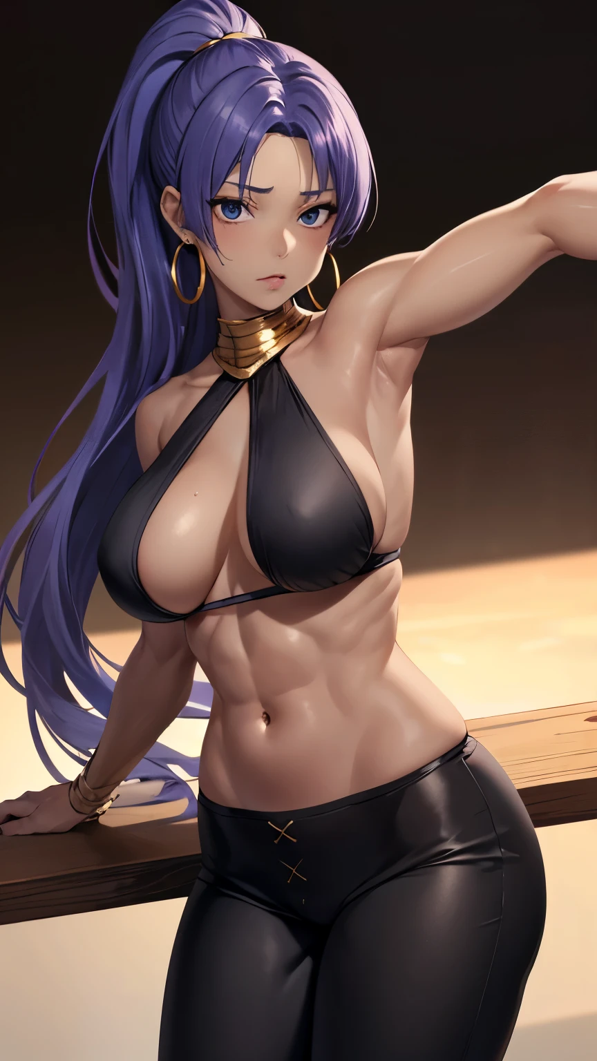 (table top, highest quality:1.2), 1 girl, alone,( dynamic angle,:1.1) mature, 100facehassan, destiny, (dark gray skin:1.2), blue eyes, long hair, purple hair, ponytail, big lips, blank expression, gold jewelry, big breasts, pants, Tight, belly button, abs, hoop earrings, halter neck, Dark background,  background、realistic, Plump buttocks, slender body, Tightウエスト, from low behind 5meters, lingerie sweat