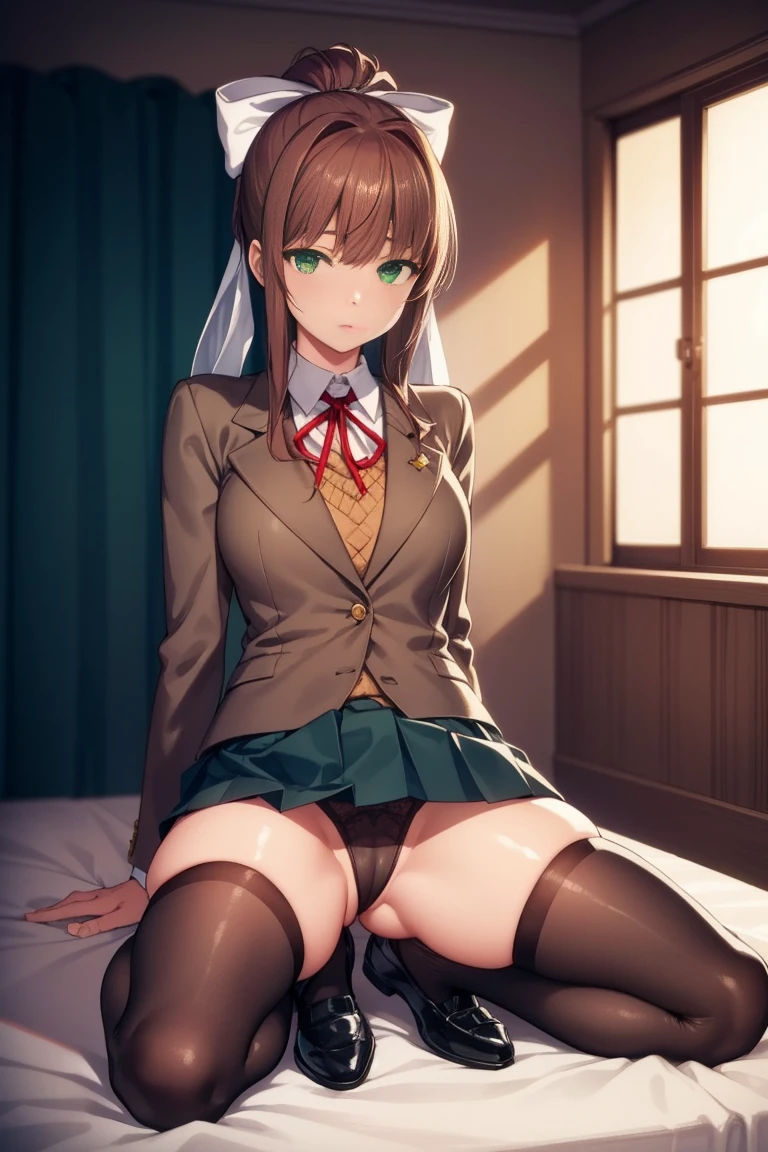 ddlcmonika, ddlcmonika, blunt bangs, brown hair, (green eyes:1.5), long hair, ponytail, ribbon, white ribbon, hair ribbon, sidelocks,
BREAK black thighhighs, blue skirt, brown jacket, jacket, long sleeves, mary janes, over-kneehighs, pleated skirt, school uniform, shoes, skirt, thighhighs, zettai ryouiki, highlighting her playful nature. she  using a dark-skinned man as a chair, sitting on a dark-skinned man, she  sitting on someone, sitting on a  man, using a dark-skinned man as a chair, sitting on mans back, nude man, back shot, ass, black panties
BREAK in the prisonroom, best quality, high resolution, unity 8k wallpaper, (illustration:0.8), (beautiful detailed eyes:1.6), extremely detailed face, perfect lighting, extremely detailed CG, (perfect hands, perfect anatomy), 