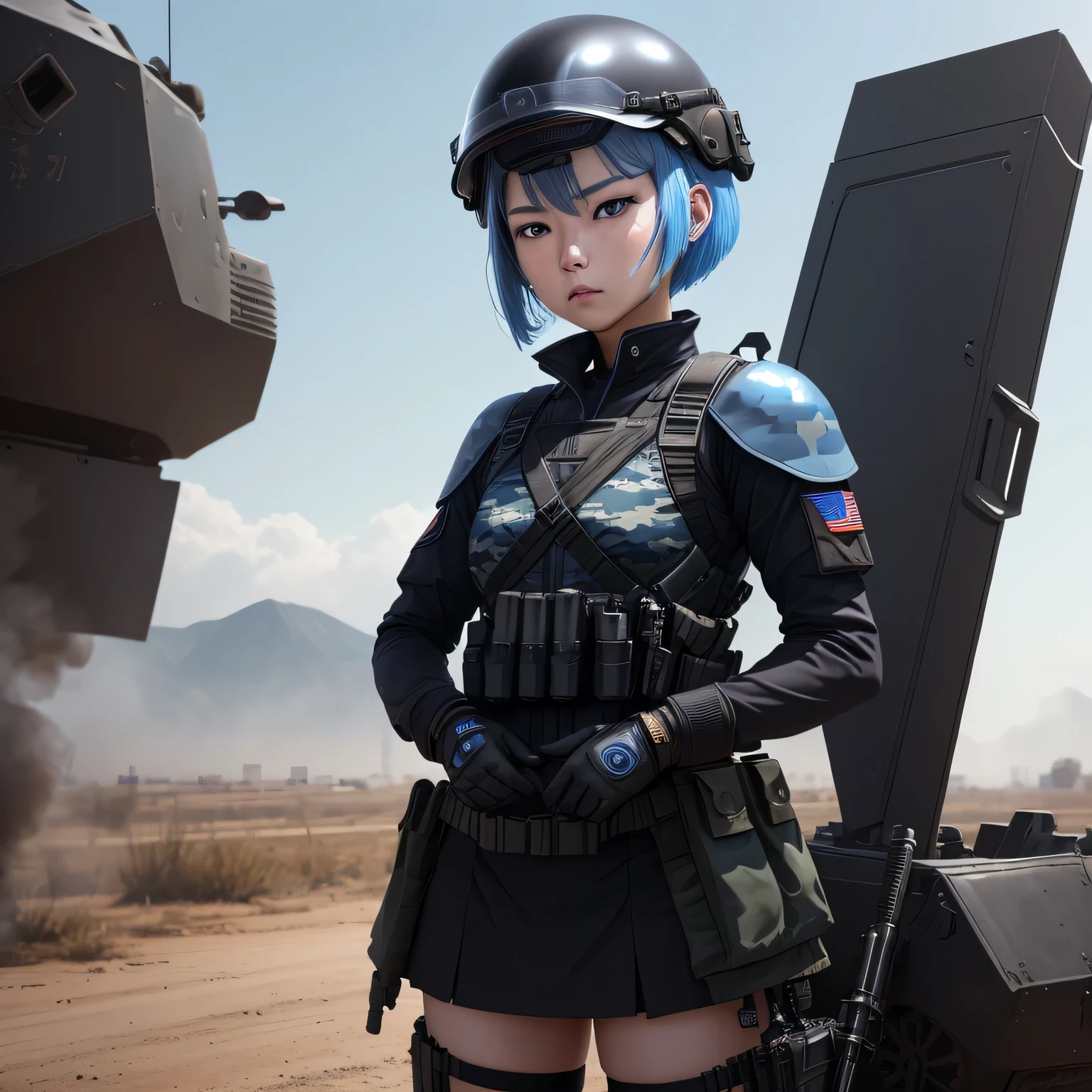 (8k, HDR, RAW photo, best quality, masterpiece:1.2, cinematic lighting), close up view, cinematic view, cinematic angle, a scene of battlefield, Korean woman on battlefield, military, combat pose, solo, (thin face), realistic beautiful face, very detailed face, angry face, serious, (bob cuts hair), ((sky blue hair)), path traced hair, ((sky blue eyes)), beauty eyes, (flat chest), (small breast), (tactical black helmet), black camo uniform, black shoulder pads, black tactical vest, black armor pads, (holding tactical shield), tactical socks, black skirt, Detailed and complex busy background, (Battlefield:1.3), look up, upper body
