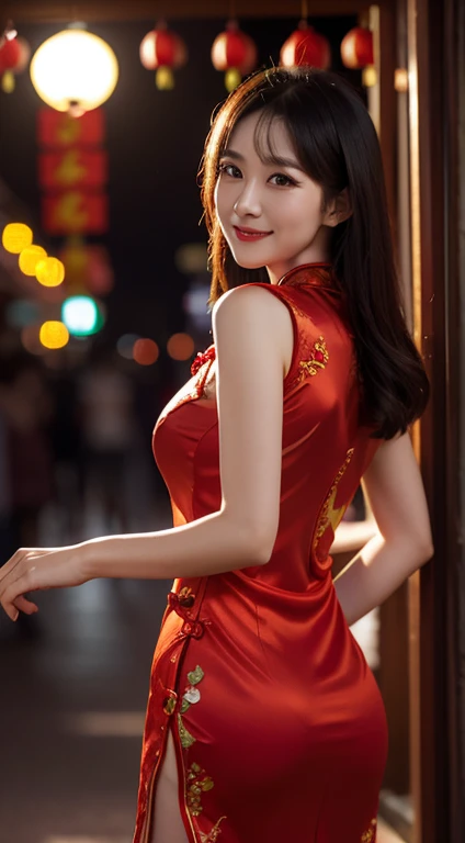 Full HD, Superb details, High quality, demon teacher, Bokeh, woman, 30 years, butt, (Random red cheongsam), make-up, Nijchan, Moon Ligth, A seductive smile, lens flare (environment: Chinatown area)