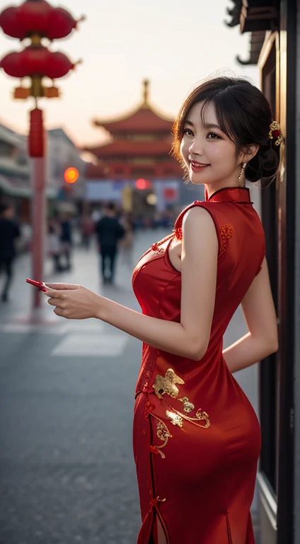 Full HD, Superb details, High quality, demon teacher, Bokeh, woman, 30 years, butt, (Random red cheongsam), make-up, Nijchan, Moon Ligth, A seductive smile, lens flare (environment: Chinatown area)