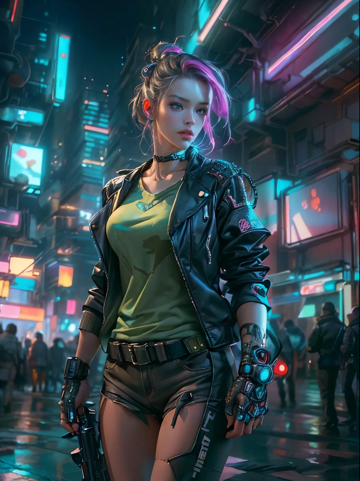 cyberpunk girl,(top quality、8 thousand、32,000、masterpiece、nffsw:1.3)、(Ultra-high definition)、(realistic:1.4)、raw photo,attractive perfect figure,Beautiful, well-groomed face、action pose:1.2,Detailed cyberpunk fashion、The world of cyberpunk,depth of field,blurry background,、