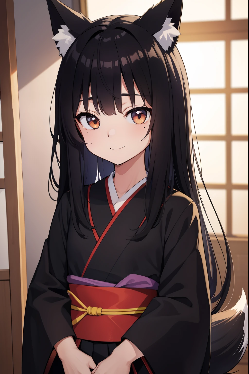  animal ear fluff, animal ears, fox ears, fox lady, Moles around the eyes, キツネのtail, long-haired black color, tail, Black kimono,  ((:1.2)), ((primary schofant:1.3)), small breasts, sexy smile, In a Japanese-style room, At night,looking at the audience, highest quality, High resolution, unity 8k wallpaper, (perfect anatomy),upper body portrait