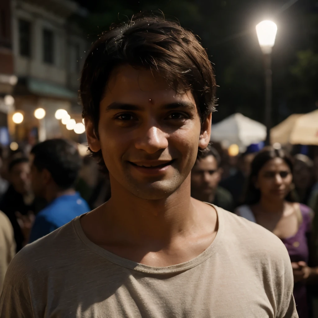 man, standing since 38 years old, Russian, short hair, Hare Krishna, Vaishnavism, smiling, body and head directly in the photo, light T-shirt, on Kanthimala&#39;s neck, facing the viewer of photography, eyes attached to lens, the shoulders and head appear in the photograph, the man in the center of the photo, 8 k, Best quality, Masterpiece, Realistic, Realistic photo, photo from the film, ultra Realistic, 1 person, Detailed, Ideal lighting, professional photo, 4K Information