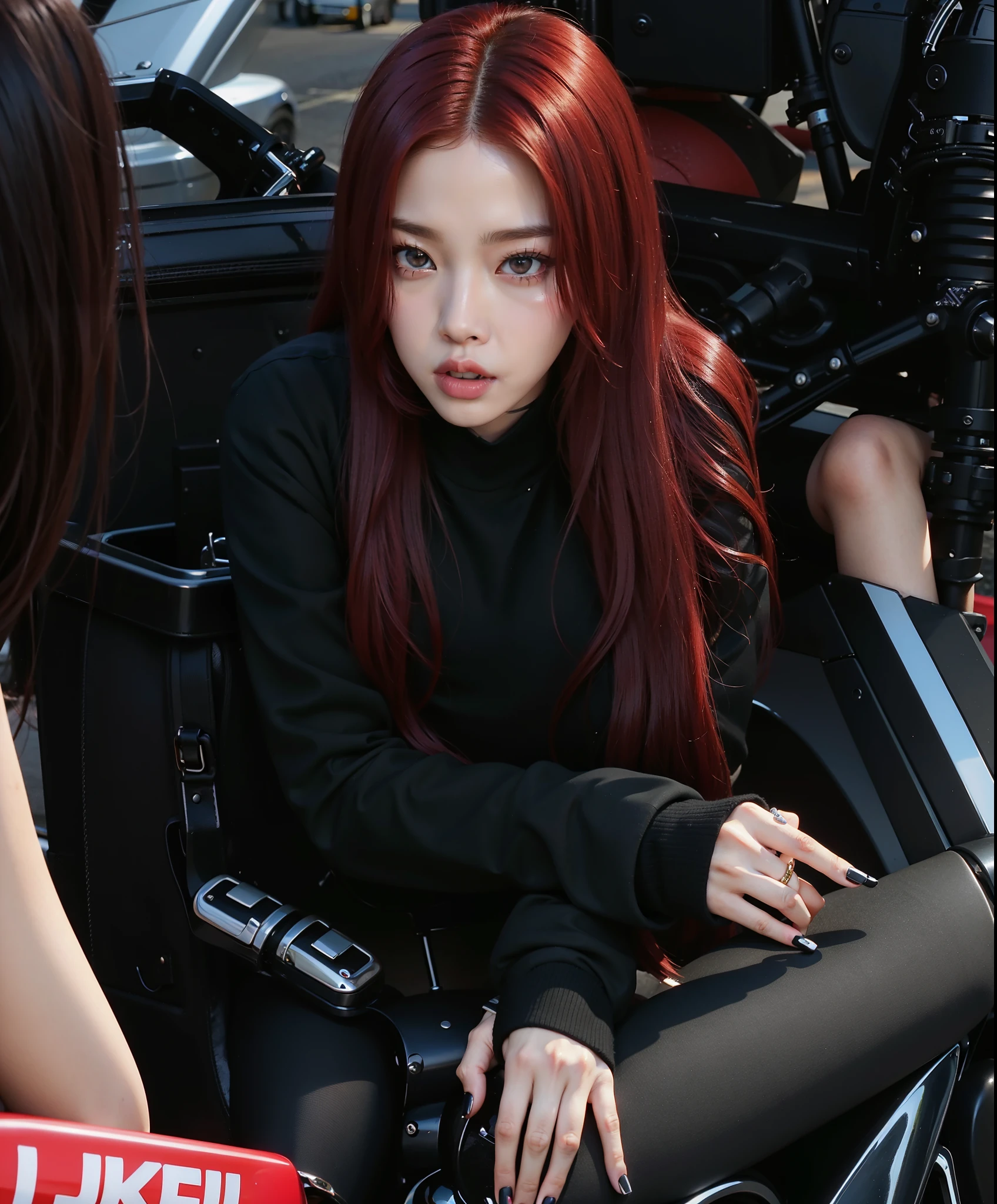 there  a woman with red hair sitting on a motorcycle, jossi of blackpink, portrait of jossi of blackpink, blackpink jennie, jisoo of blackpink, jisoo from blackpink, portrait jisoo blackpink, roseanne park of blackpink, blackpink, sun yunjoo, cruel korean goth girl, iu lee ji-eun as a super villain, jinyoung shin, heonhwa choe