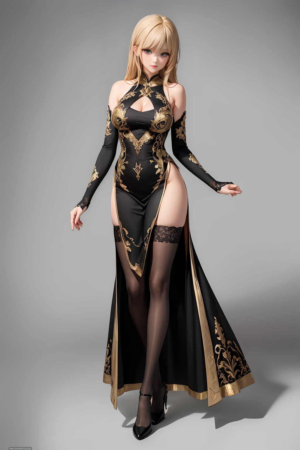 ((masterpiece)),(top quality),(best quality),(((ultra-detailed , 8k quality))), (large masterpiece digital art), (detailed manga ilustration) ,(detailed line art) ,((perfect anatomy)), extremely detailed body, extremely detailed legs, perfect legs, BREAK, Lady wearing a ((long elegant black split-leg dress with extreme golden embroidery)) with matching stockings.