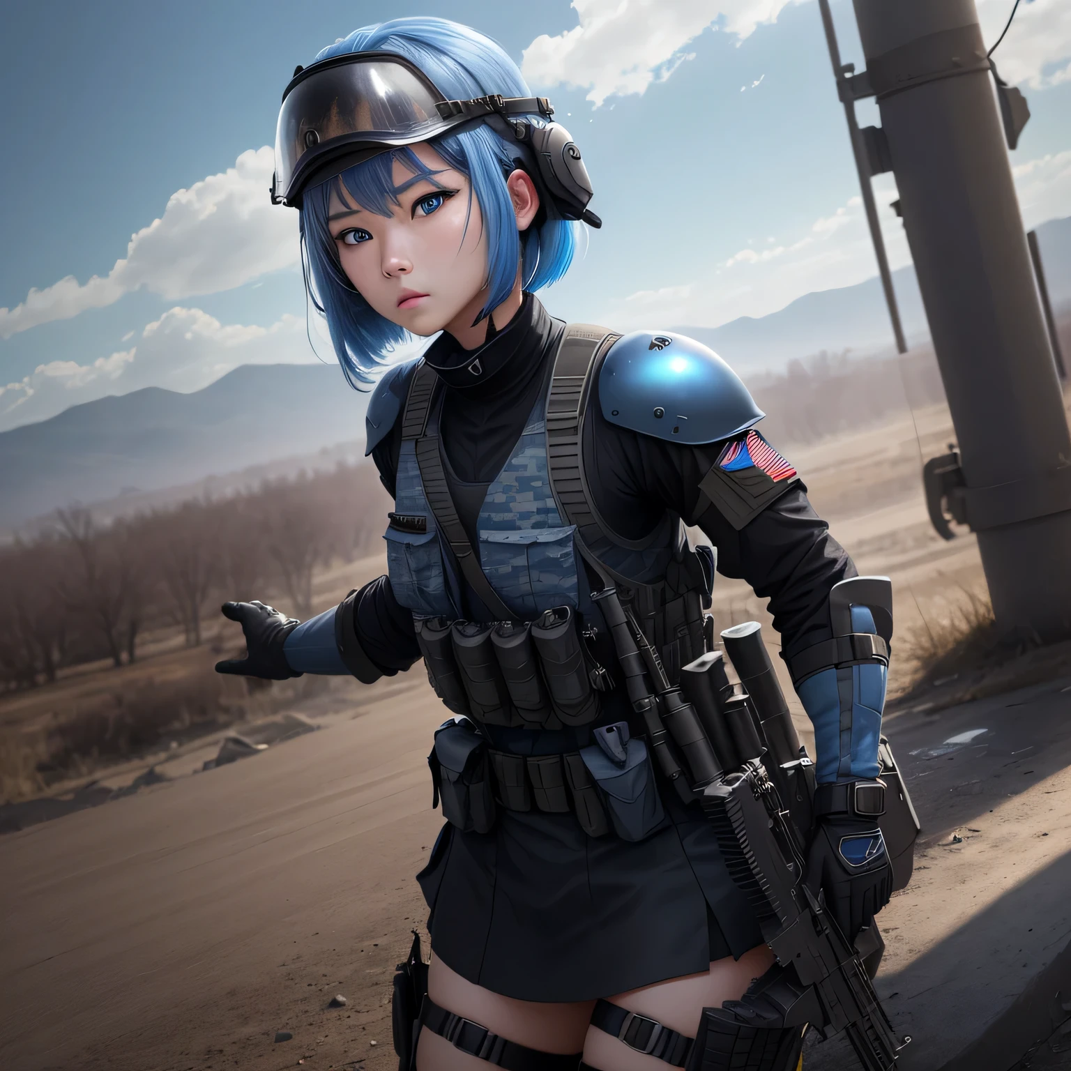 (8k, HDR, RAW photo, best quality, masterpiece:1.2, cinematic lighting), close up view, cinematic view, cinematic angle, a scene of battlefield, Korean woman on battlefield, military, combat pose, solo, (thin face), realistic beautiful face, very detailed face, angry face, serious, (bob cuts hair), ((sky blue hair)), path traced hair, ((sky blue eyes)), beauty eyes, (flat chest), (small breast), (tactical black helmet), black camo uniform, black shoulder pads, black tactical vest, black armor pads, tactical socks, black skirt, (Battlefield:1.3), look up, upper body