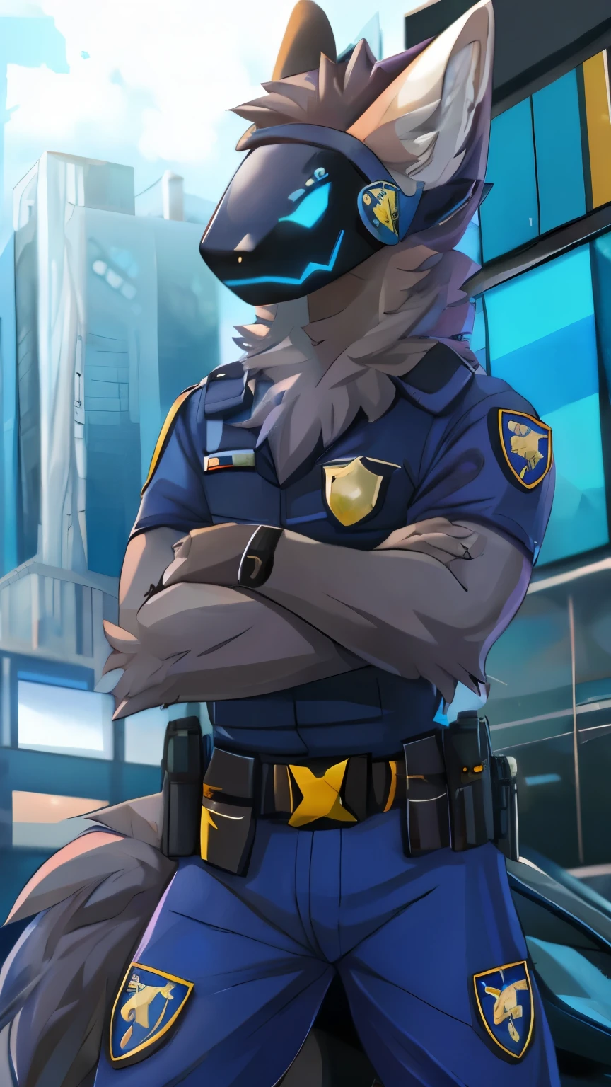 furry, protogen, police, furry police, furry sheriff, future, 미래 총, gun holding pose, 어두운 배경