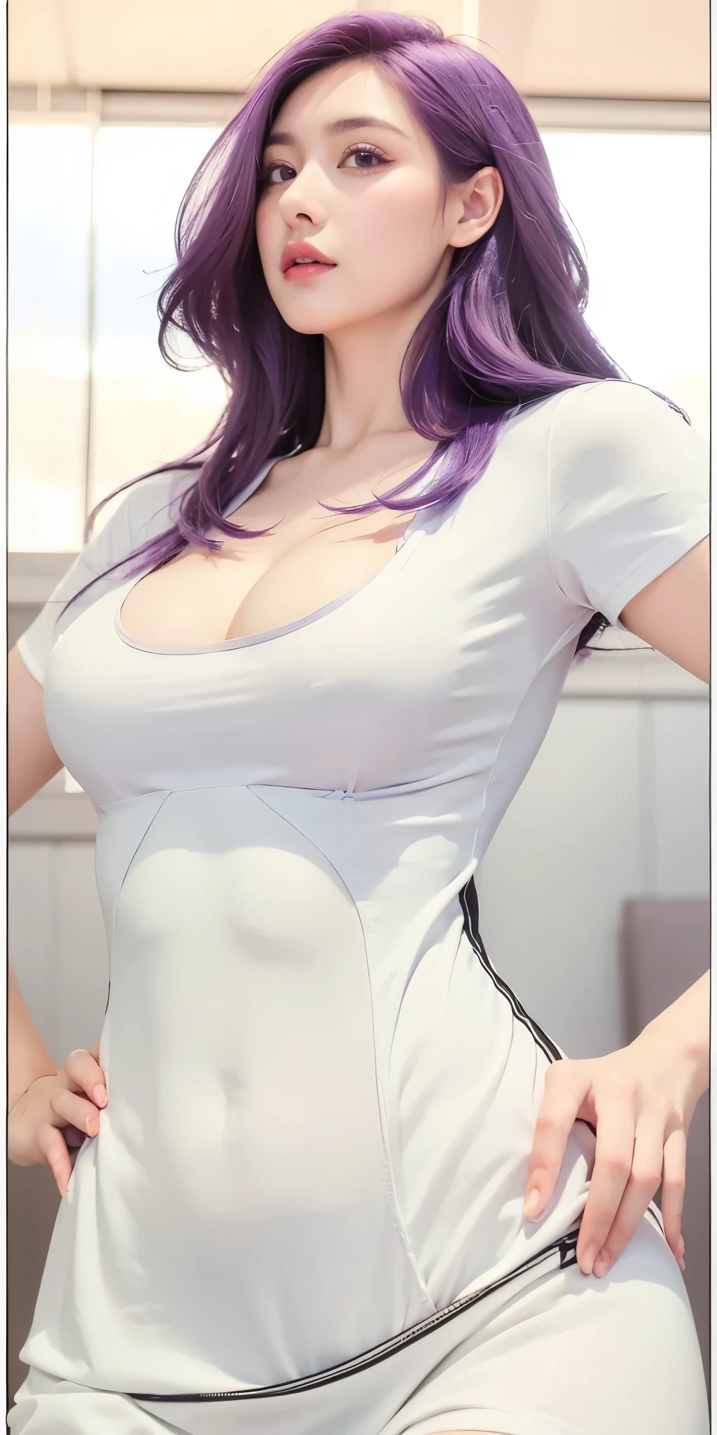 1girl, purple hair, purple eyes, high quality, ultra detailed, masterpiece, realistic, clothes 