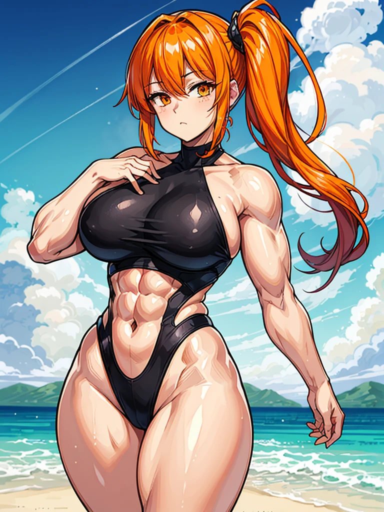 (((masterpiece、Highest image quality、highest quality、highly detailed unity 8kwallpaper)))、((Illustration of one girl))、(((beautiful girl)))、((orange hair、side ponytail、orange eyes))、(stocky build, thickset physique, muscular legs, broad shoulders, solid chest)、swimsuit、sandy beach