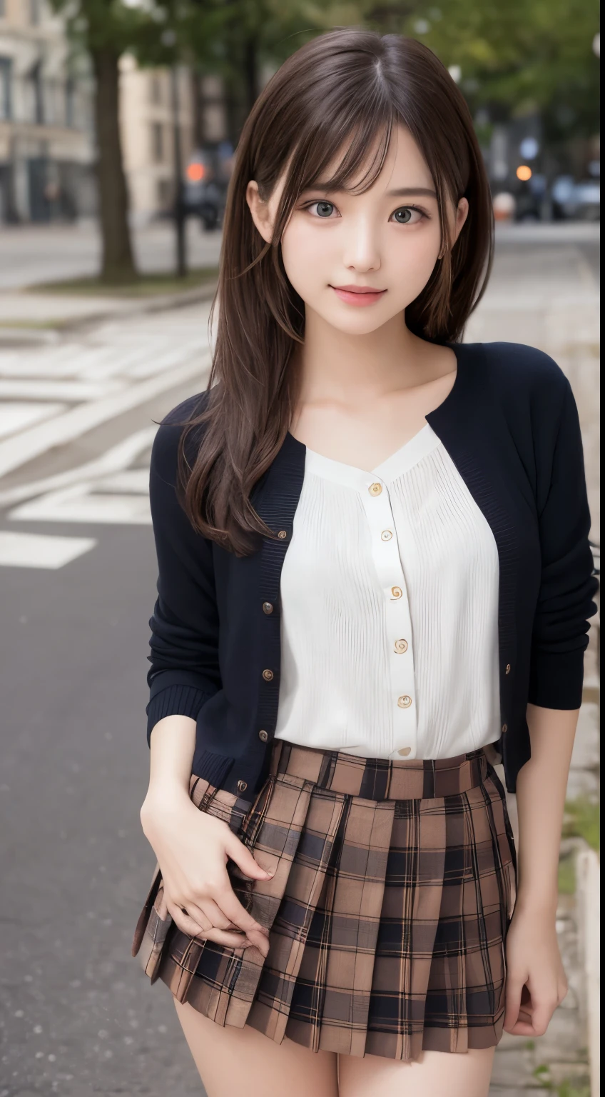 Smile、night、original photography、(((ultimate beauty portrait)))、((sparkling skin))、1 girl、Beautiful 15 year old girl from Prague、bright expression、((brown hair))、()、(Plaid pleated skirt:1.5)、((Big eyes sparkling like gems))、cardigan、open your clothes、pantyhose、Glowing and radiant skin、(medium hair)、(silk ponytail)、(standing)、(from below)、under skirt、under skirt、(from below看内衣的特写)、Eyeliner、beautiful bangs、hair between eyes、((​Masterpiece、quality、Super detailed、film light、intricate details、high resolution、Very detailed))、background for this、8 kood、digital SLR、soft light、高quality、film grain、XT3 、shallow view deep、natural soft light、Kamimei、plump bust