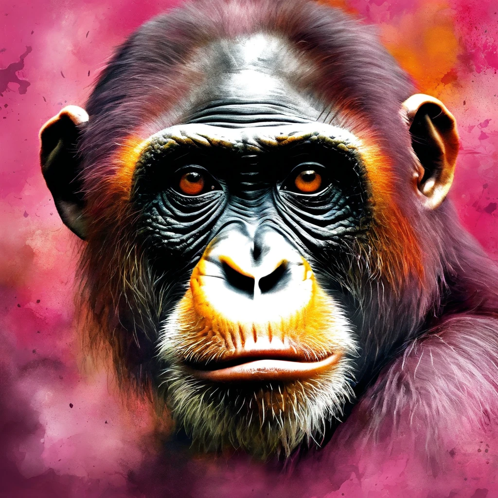 3D-Puzzle , Staring orang utan , Explosiver Gefechtskopf, Maschinenteile, die in das Gesicht eingebettet sind, Dramatisches Kunstwerk, Fotomanipulation, Foto-Manipulation, Zerfall,, offizielles Kunstwerk, Unglaublich detailreich, Photoshop-Kunst, Rauscheffekt, pink