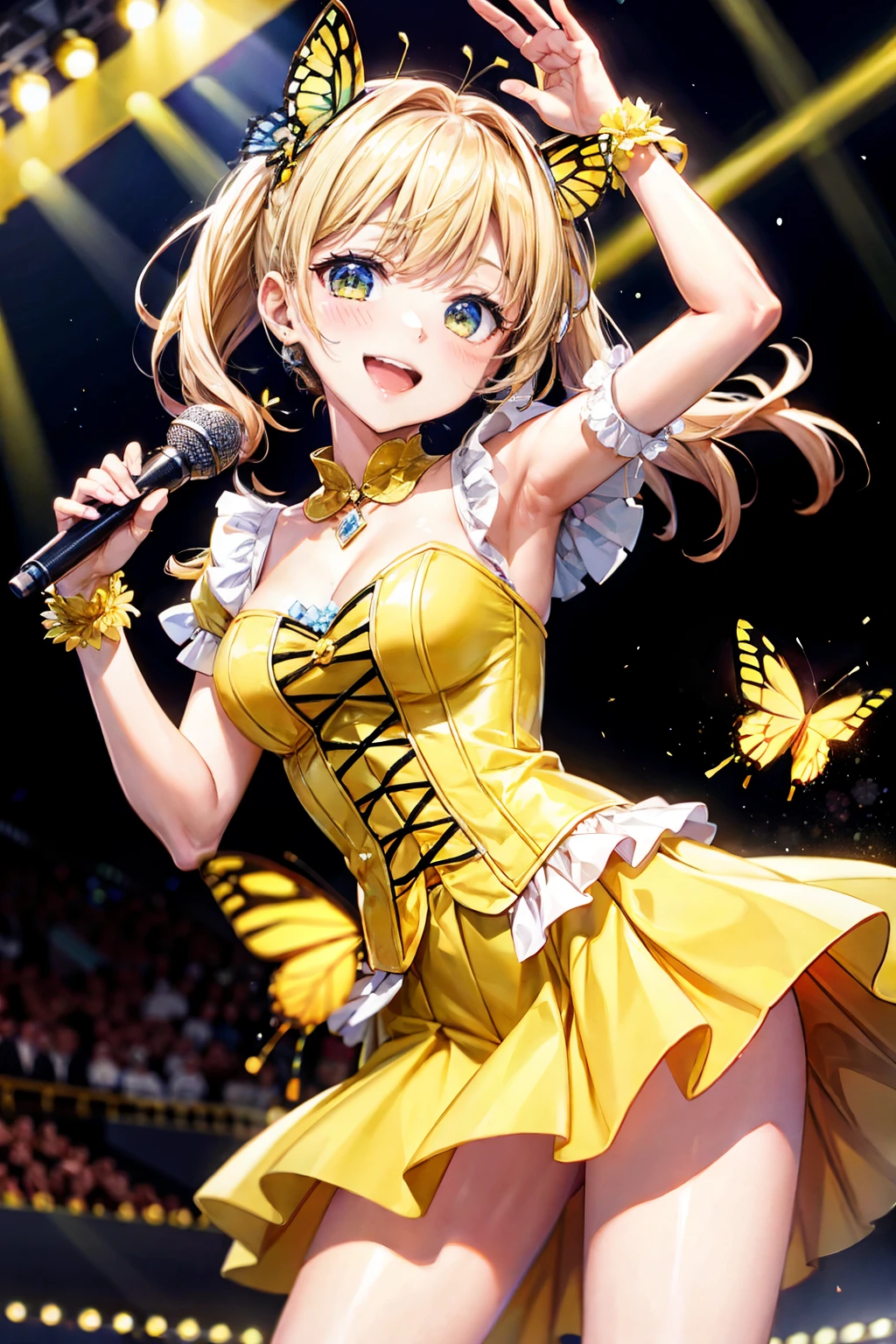 highest quality、cinematic lighting、idol woman、yellow fancy dress、mini skirt、colorful butterflies on the back々feather、Smile、decide on a pose、on stage、