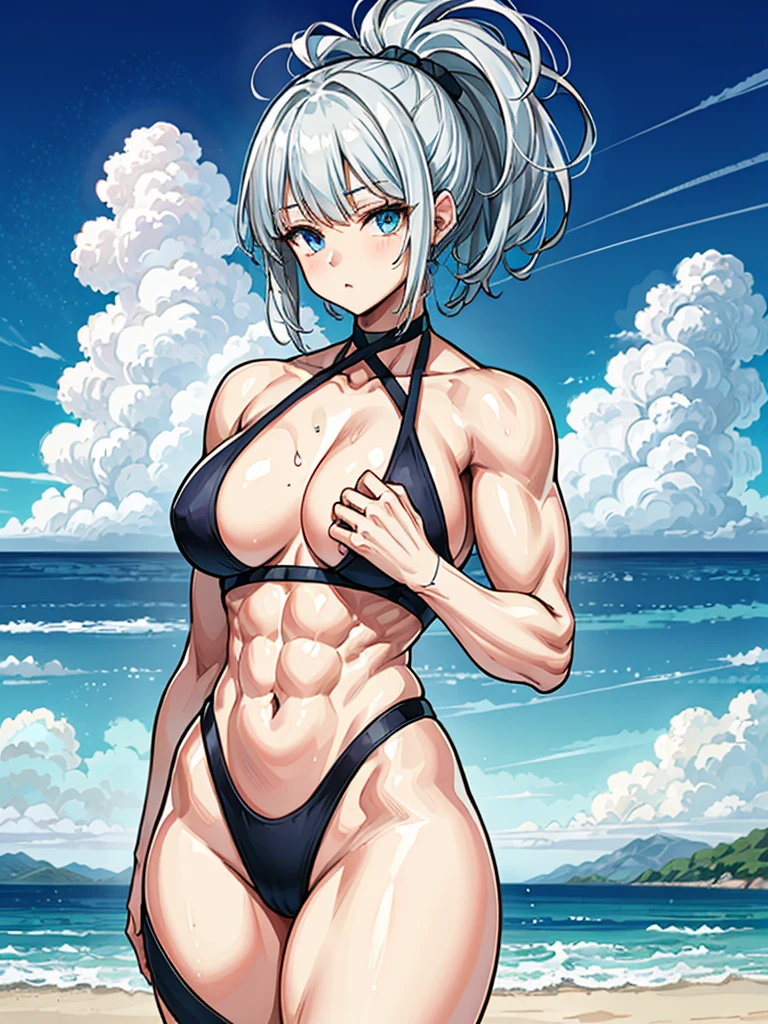 （（（masterpiece、Highest image quality、highest quality、highly detailed unity 8ｋwallpaper）））、（（Illustration of one girl））、（（（beautiful girl）））、（（white hair、very short hair、blue hair band、light blue eyes））、（（（stocky build, thickset physique, muscular legs, broad shoulders, solid chest）））、swimsuit、sandy beach