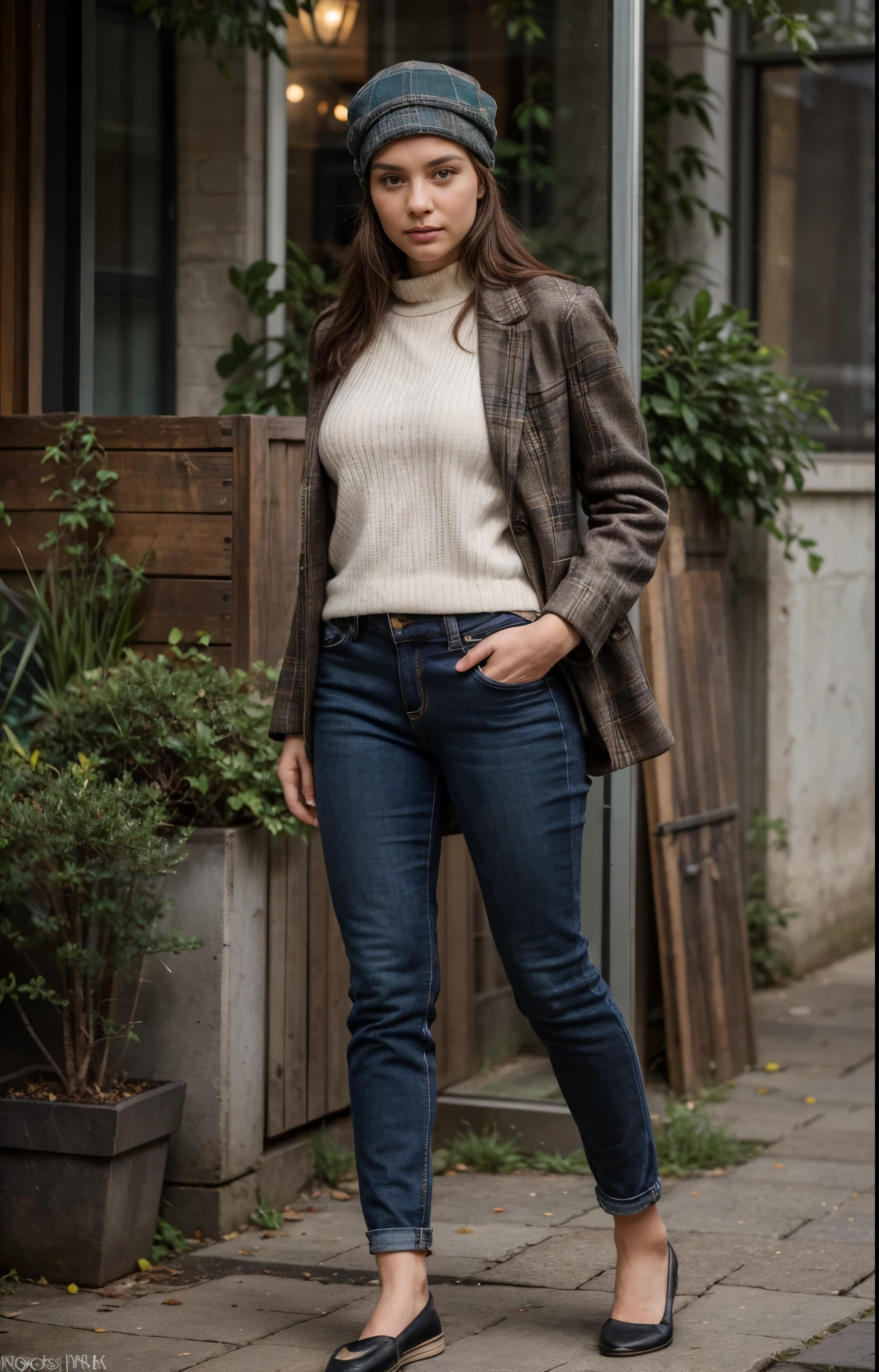 beautiful woman, 30 years old, dark browm hair laying to the side, outside in the city, wearing a coat, middle size breast, (((wearing kangol flatcap))):5.0, woolen flatcap, herringbone pattern, (Harris tweed flatcap):3, stylish flatcap worn on the top of the head remaining flat, relaxed eyes, model shoot, long oval lovely face, beautiful tender pose, perfect face, sporty slim body, dark brown eyes, beautiful eyes, charming deep eyes, eye contact, UHD, masterpiece,best quality, high-res, masterpiece, best quality, intricate details, highly detailed, sharp focus, detailed skin, realistic skin texture, texture, detailed eyes, professional, 4k, 85mm, shallow depth of field, kodak color vision, perfect fit body, extremely detailed, photo_\(ultra\), photorealistic, realistic, post-processing, maximum detail, roughness, real life, ultra realistic, photorealism, photography, 8k uhd, photography (grain of film) medium shot for closeup shot