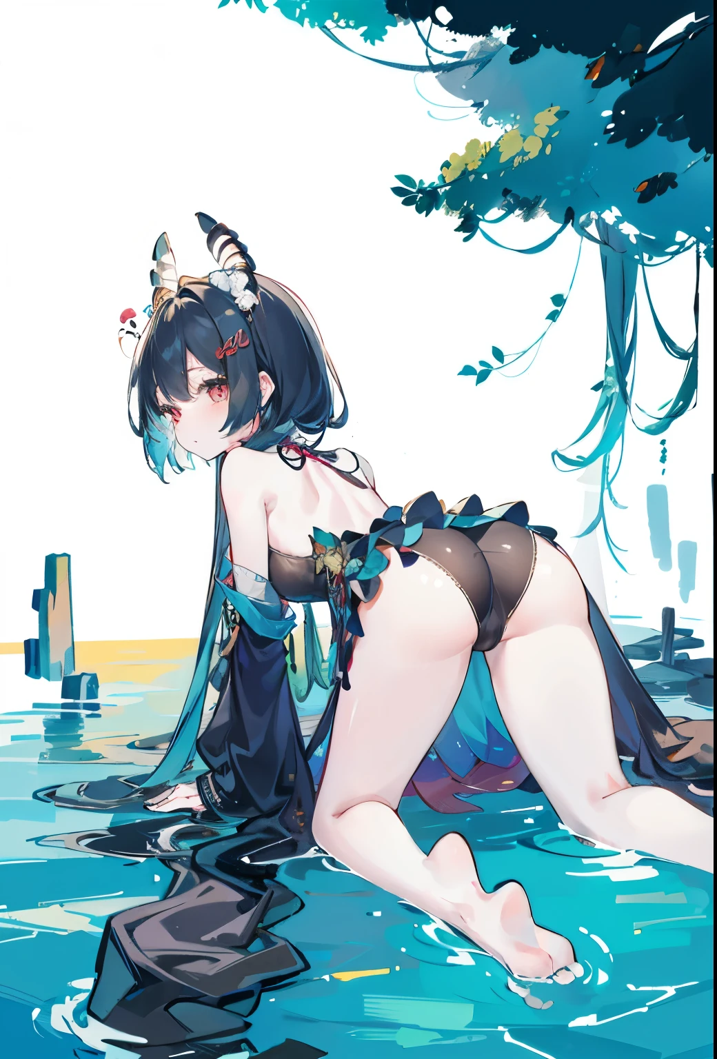 a girl, (大of: 1.4), split, (crawling on all fours: 1.3), 独自of, Sheep's horn, (Hi-Reasterpiece)), ((最好of质量)), (Very detailed)), 大of_File size, 饱满of色彩, of, 长长of白头发, 红色of Eyes (Eyeliner), from below, down, Back, Turn your hips, immerse in water, black transparent clothes, 红色of, open air, Rose, night, ruins, Butterfly