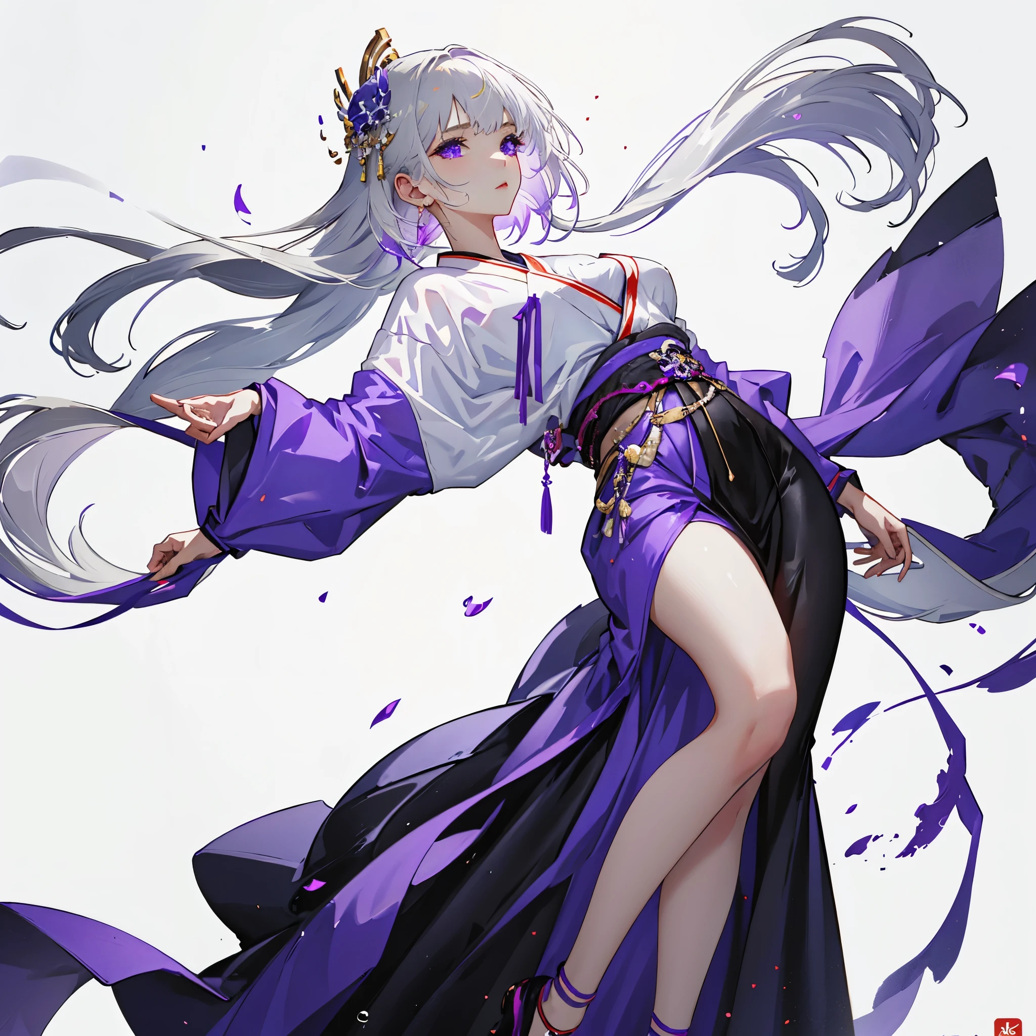 girl in purple clothes floating in the air，Very tall，no shoes，1 girl，Heroine，Handsome，Splash ink，（full body portrait），（（2.5D）），white hair，floating hair strandquisite eyes，Purple antique brocade Hanfu，fov，（f1.8），（masterpiece)，(portrait shot)，front shot,White background，Character design sheet，thin waist，Big breasts sagging，（Willow Yao,Athletic body,inflatable legs,detailed body,(Detailed face)），cold expression，Have bangs，purple streamers，stand，