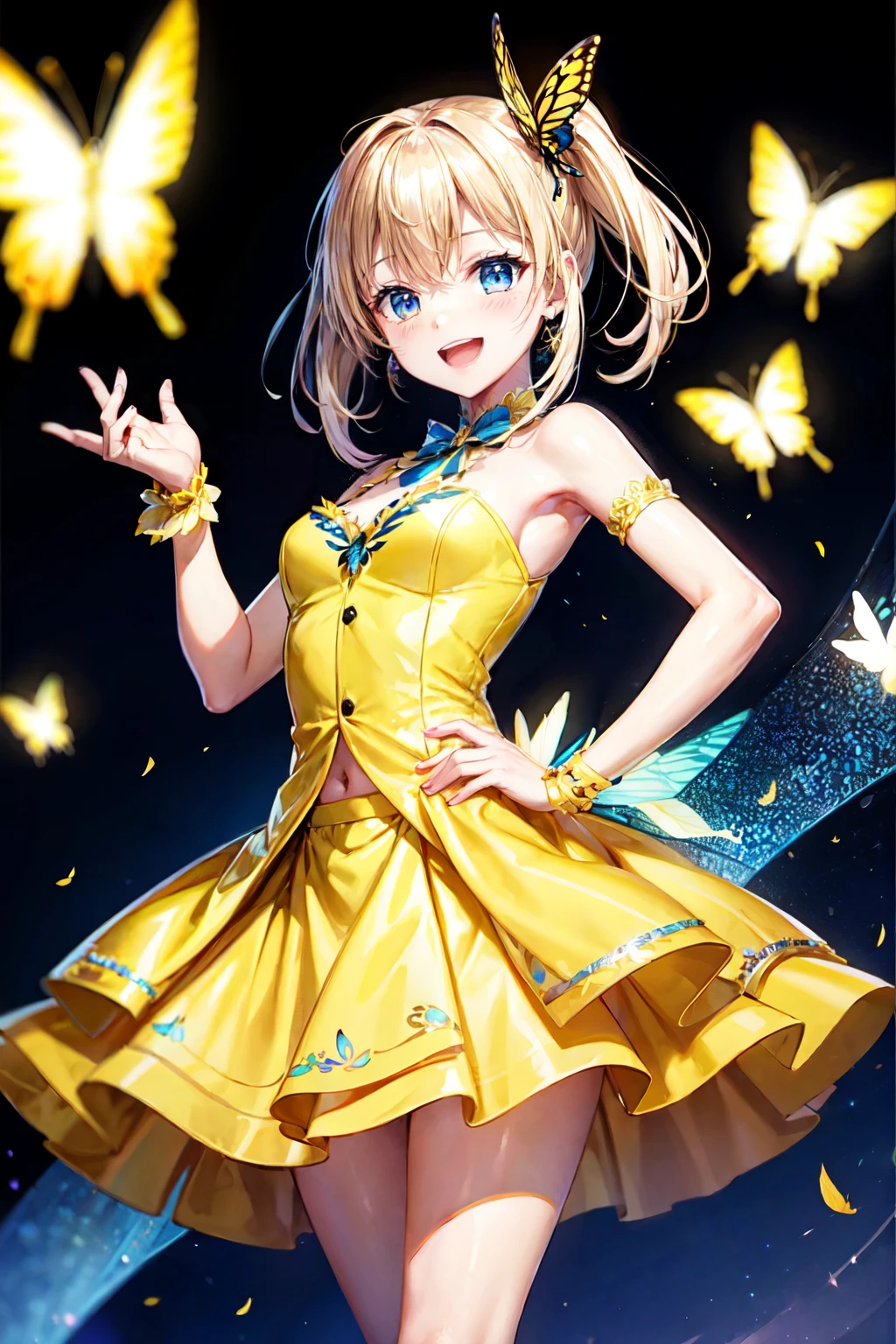 highest quality、cinematic lighting、idol woman、yellow fancy dress、mini skirt、colorful butterflies on the back々feather、Smile、decide on a pose、on stage、
