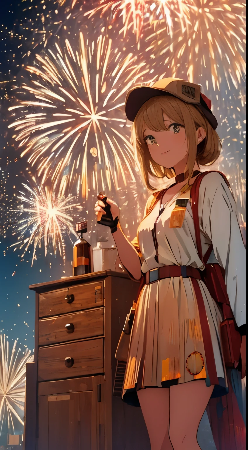 (Wide shot:1.8),, (Best quality, Masterpiece), absurderes, A high resolution, The ultra-realistice, Ultra-detailed, Perfect anatomy, (Fireworks Festival:1.8),, Beautiful night sky tilted head, ventania, Municipal lightinasterpiece)), ((Best quality)), 8K, high detal, Ultra-detailed,Science fiction, fantasy, Buildings, High quality, 16k, detail, precision, Best work, So it's safe to touch. This mucus can contain air and get hairy, Or flatten under pressure, So it changes shape in various ways in the bottle. This slime  cute, Sometimes it bounces off the bottle or forms a heart shape.Alien Infusion Beverage, out-of-this-world drink, alien elixir, extracts, rare extraterrestrial plants, infused ionized energy, distant nebula, Served in a glowing glass vessel, hdr, Food photo mycelium,symetry, designs, art,Vintage bottle, Shanghai overseas,camp,Cute,  water splash, Splash, Looks delicious,blood spatter,microcosm,A glittering bottle on the table,Explosion,Racche, whole,Terrarium,Weathered, Retro,Beautiful girl, dress