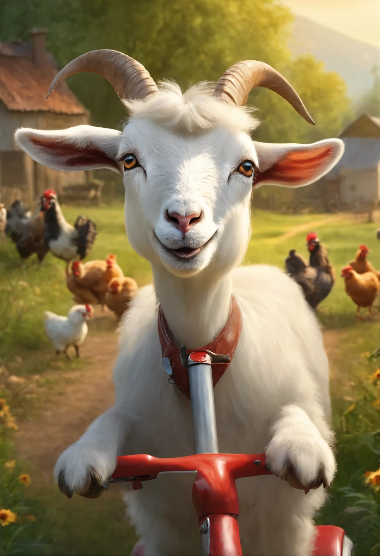 a white smiling goat rides on an electic scooter in a country yard. the chickens run away in panic in front of her, the other farm animals are watching, illustration, lots of details